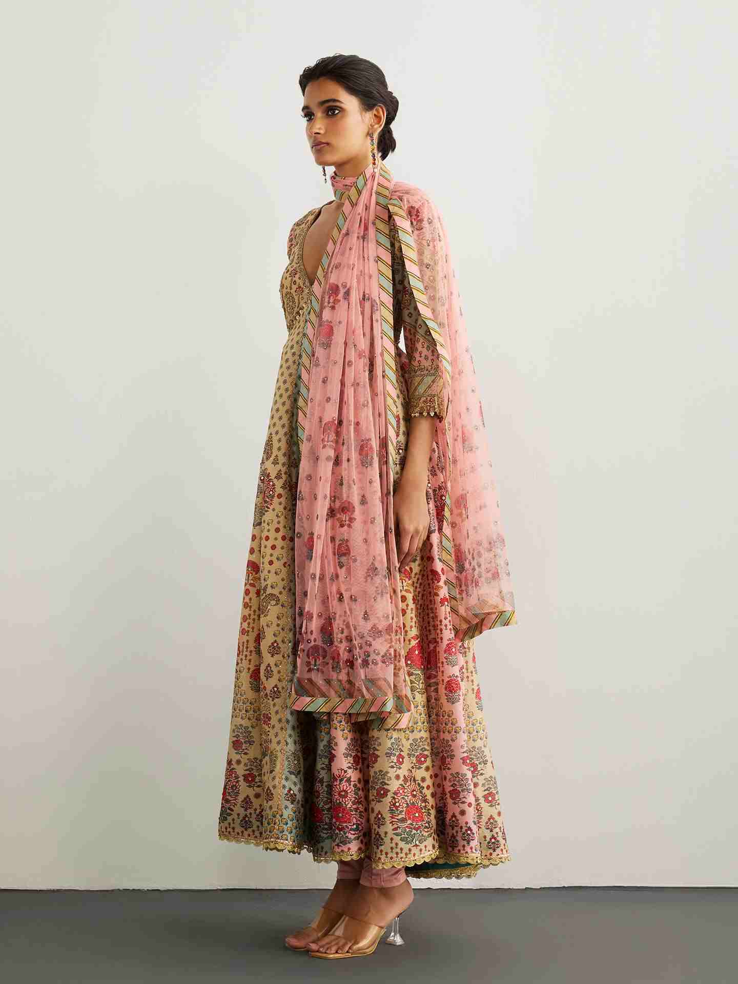 Pink & Powder Blue Kashmiri Buti Anarkali Suit