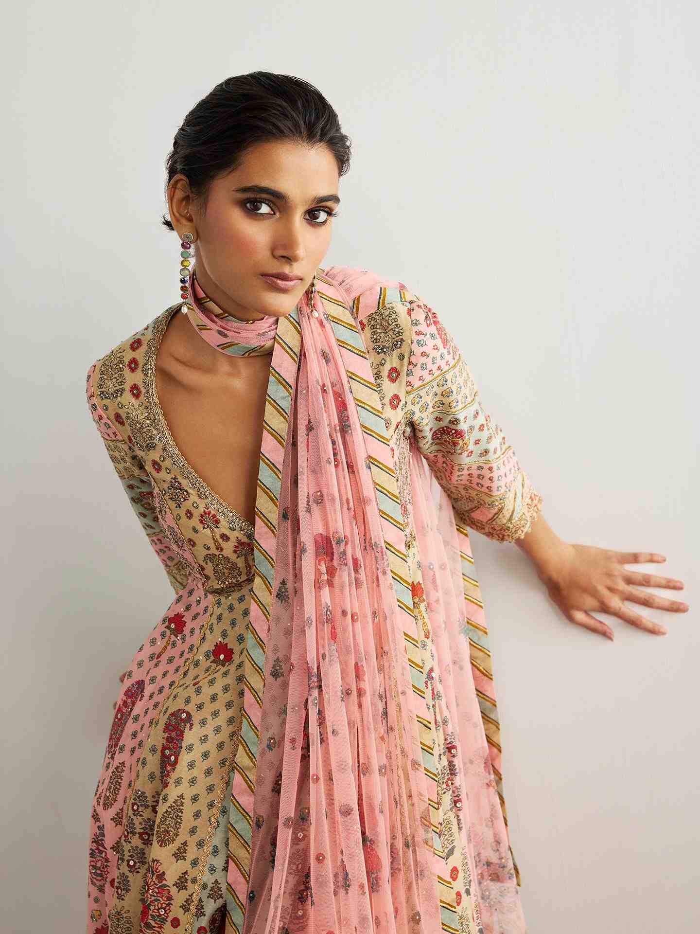 Pink & Powder Blue Kashmiri Buti Anarkali Suit