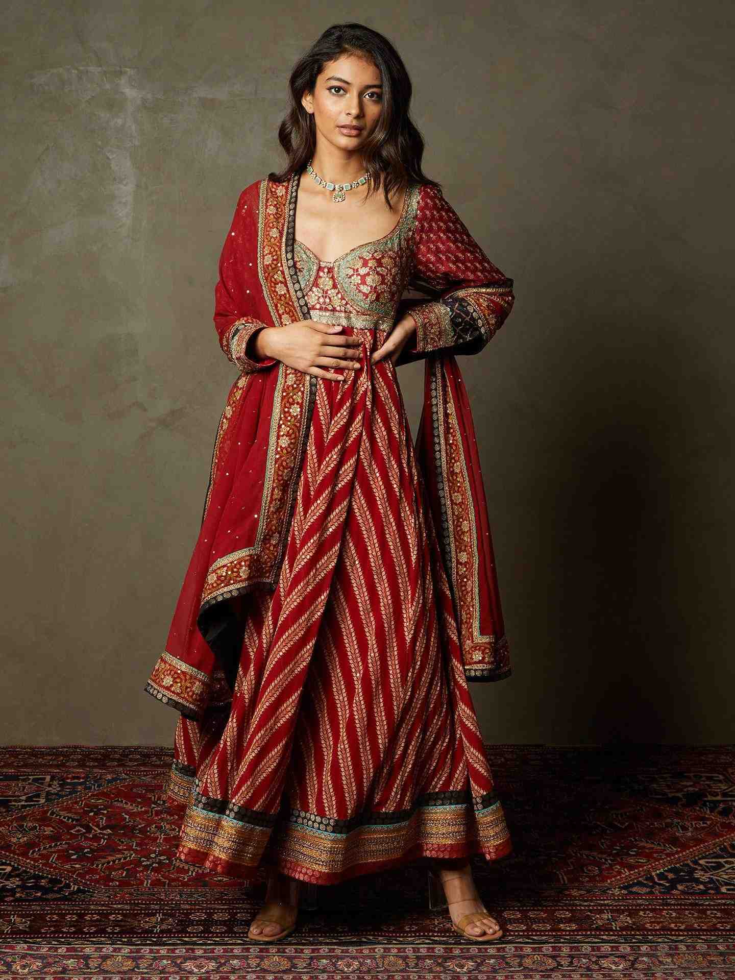 Burgundy & Black Satnam Anarkali Suit