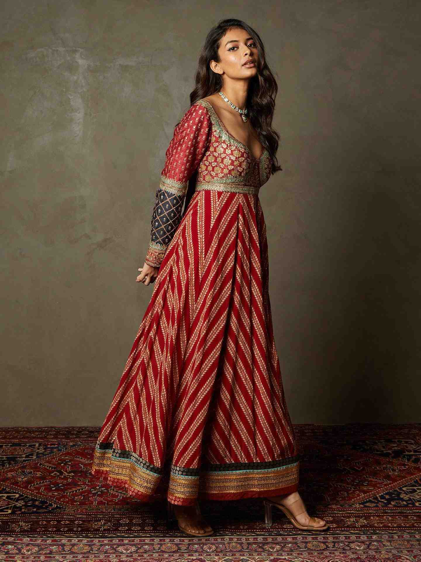 Burgundy & Black Satnam Anarkali Suit
