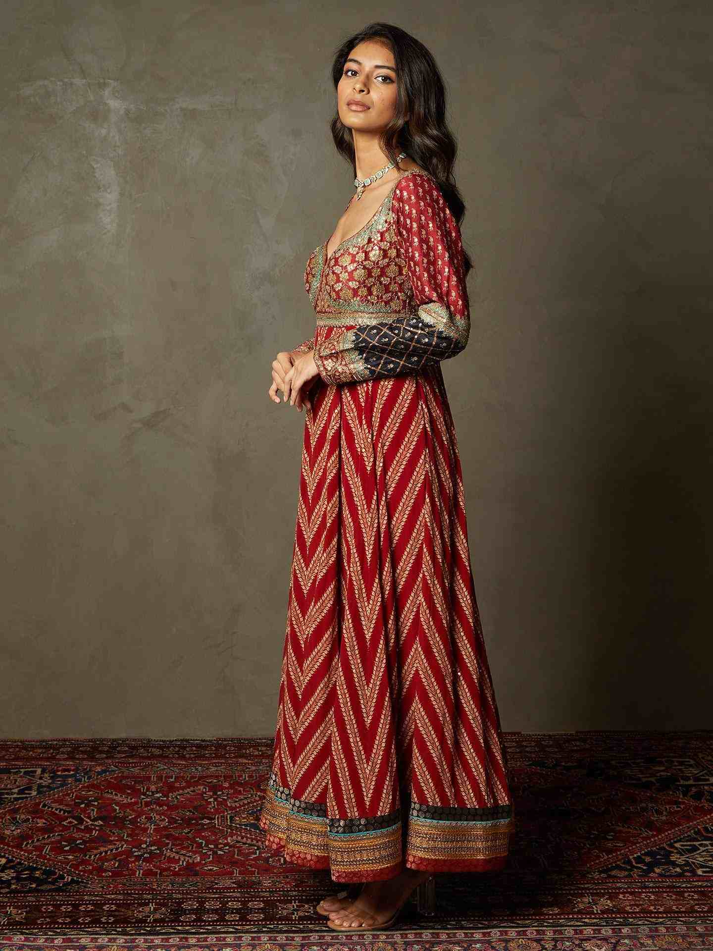 Burgundy & Black Satnam Anarkali Suit