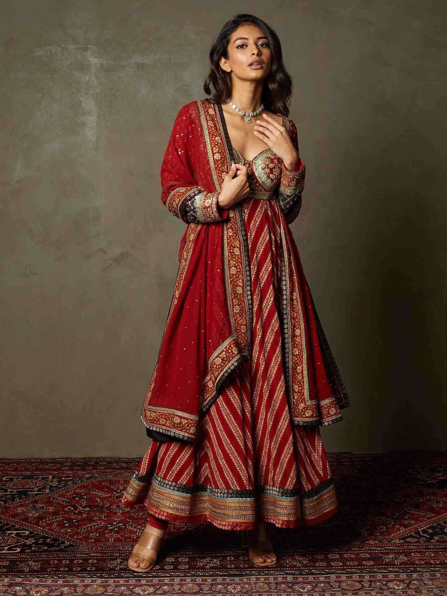 Burgundy & Black Satnam Anarkali Suit