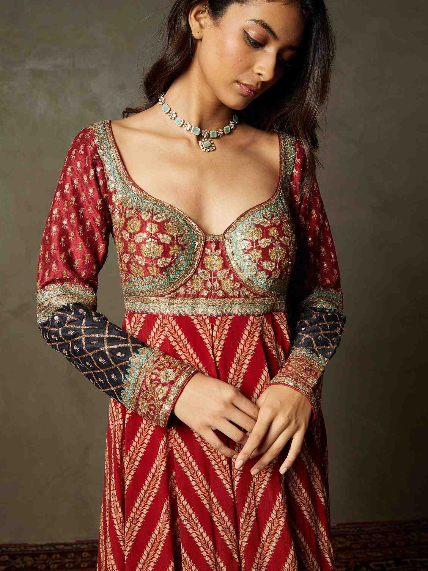 Burgundy & Black Satnam Anarkali Suit