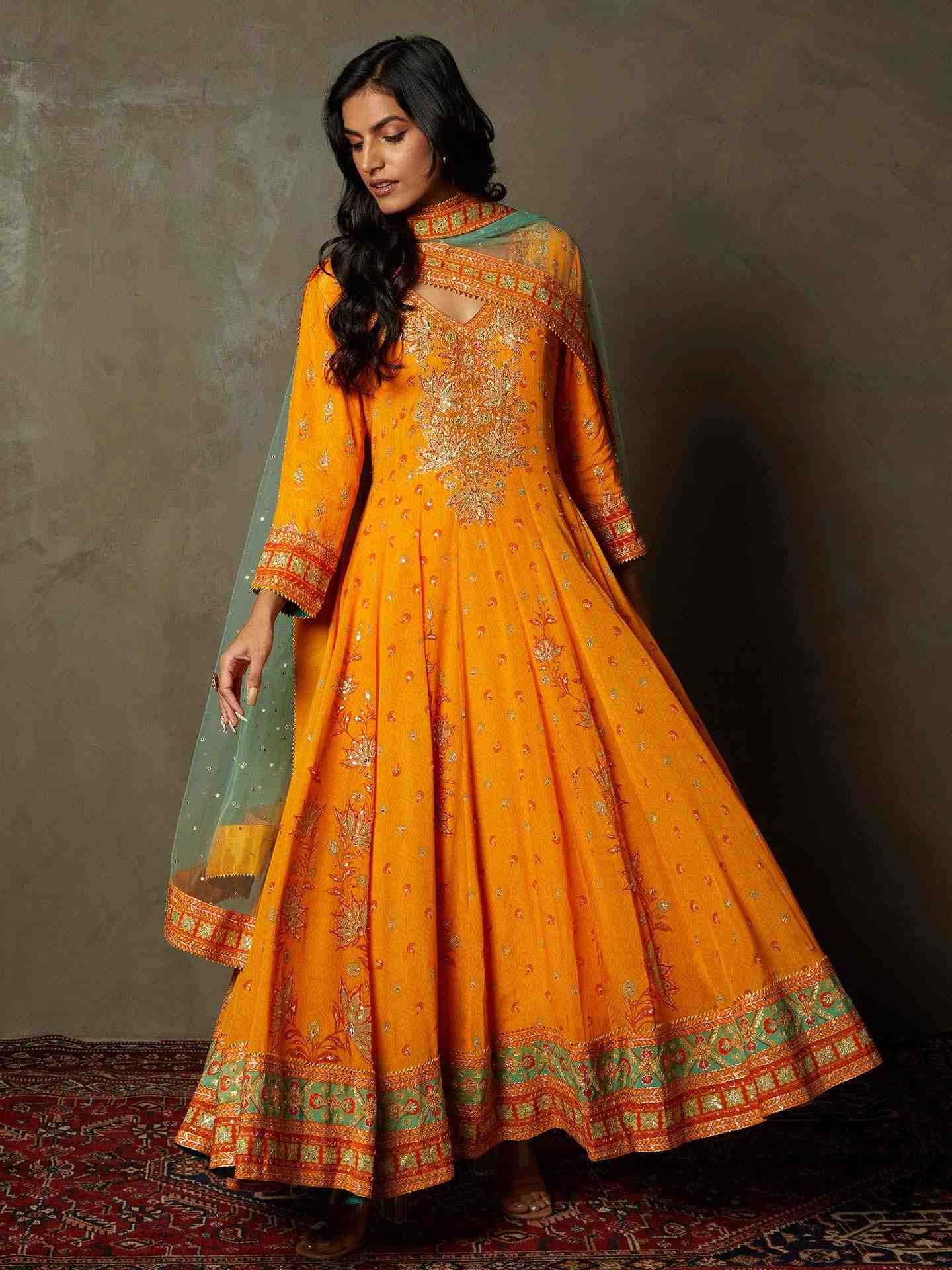 Mango & Sea Green Waterfall Anarkali Suit