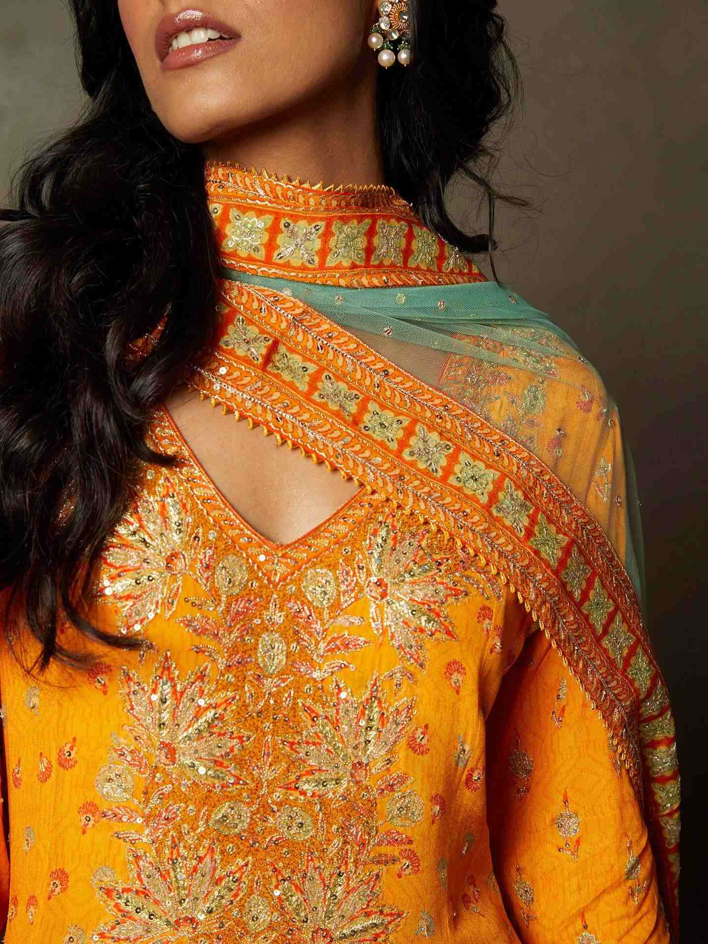 Mango & Sea Green Waterfall Anarkali Suit