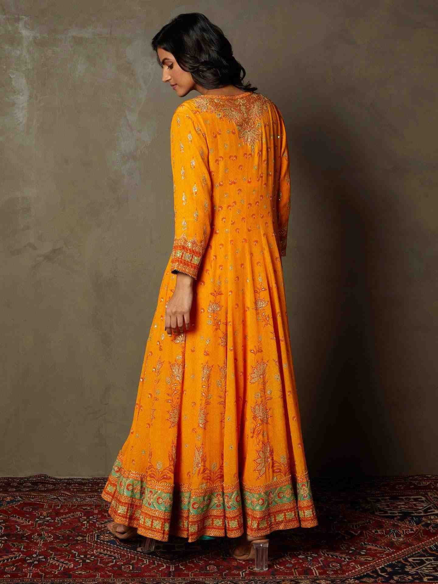 Mango & Sea Green Waterfall Anarkali Suit