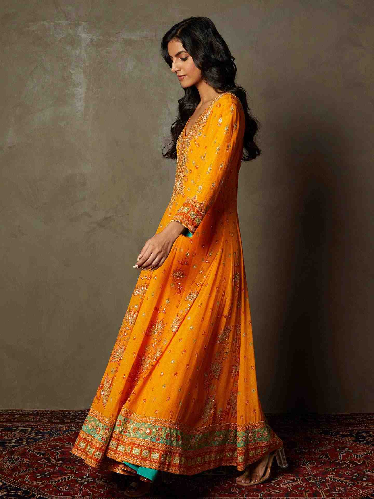 Mango & Sea Green Waterfall Anarkali Suit