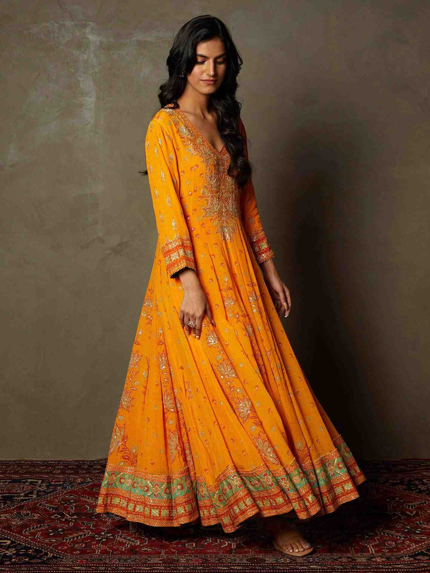 Mango & Sea Green Waterfall Anarkali Suit