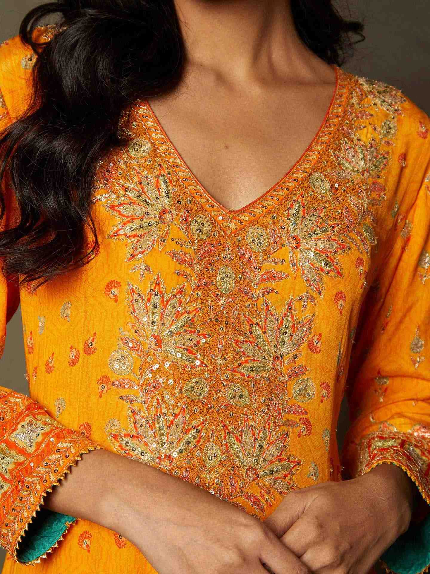 Mango & Sea Green Waterfall Anarkali Suit