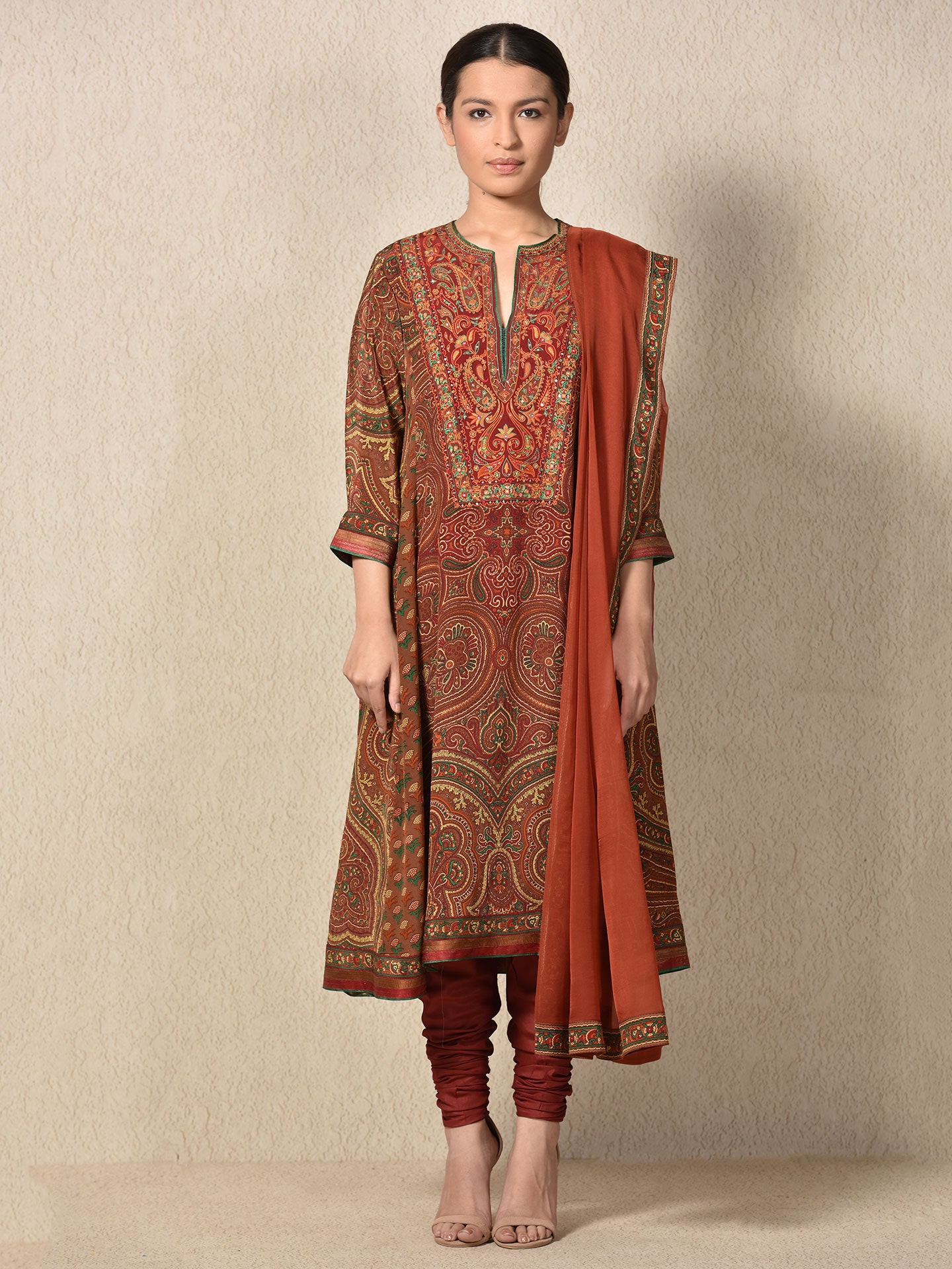Brown & Burgundy Brocade Jamawar Embroidered Suit
