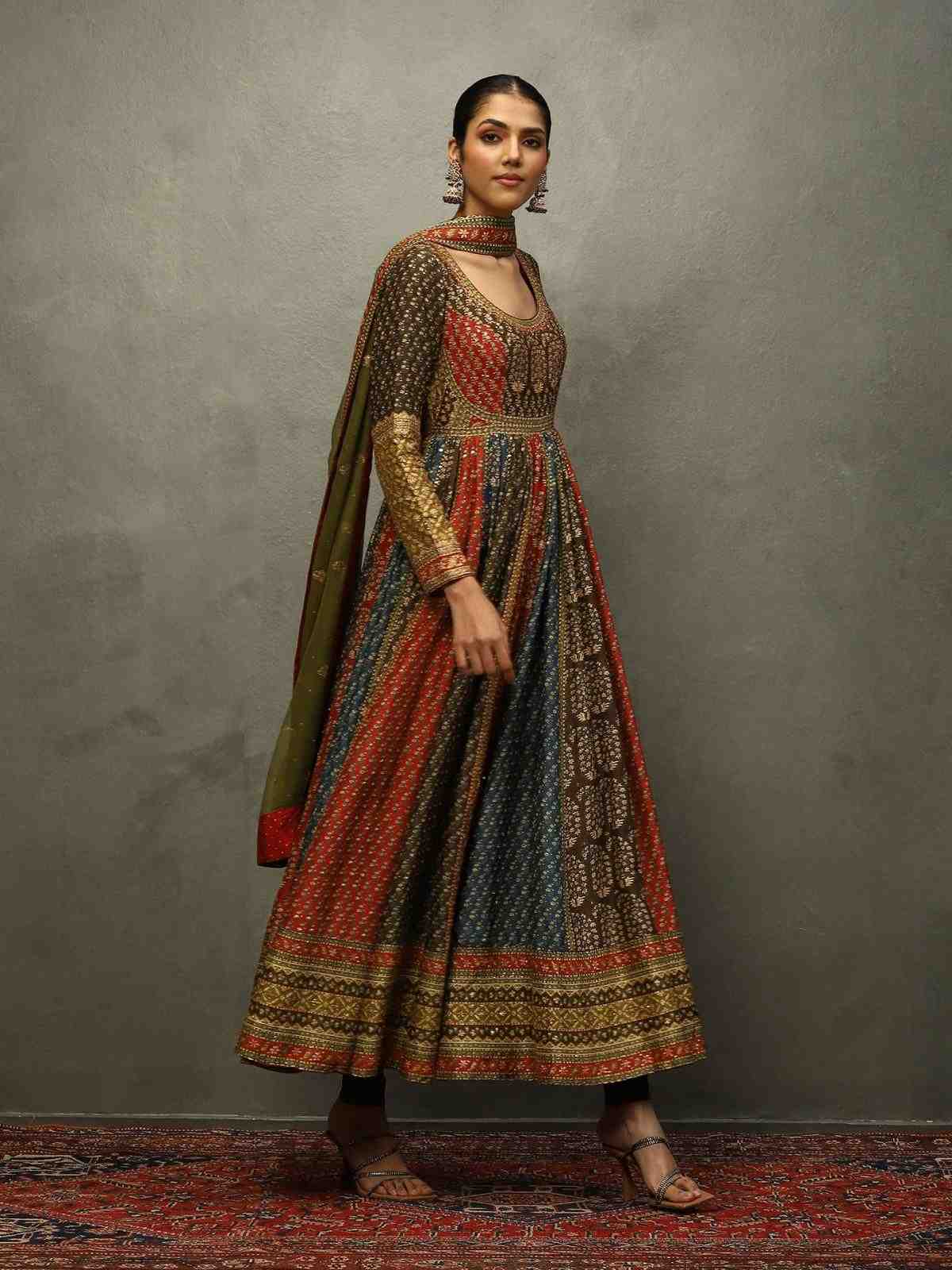 Dark Olive Red Keya Anarkali Suit