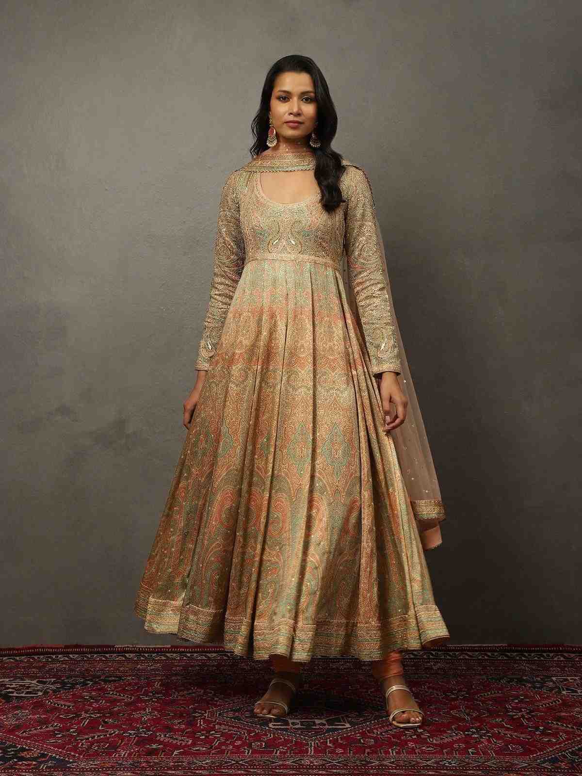 Beige & Khaki Imrancoat Anarkali Set