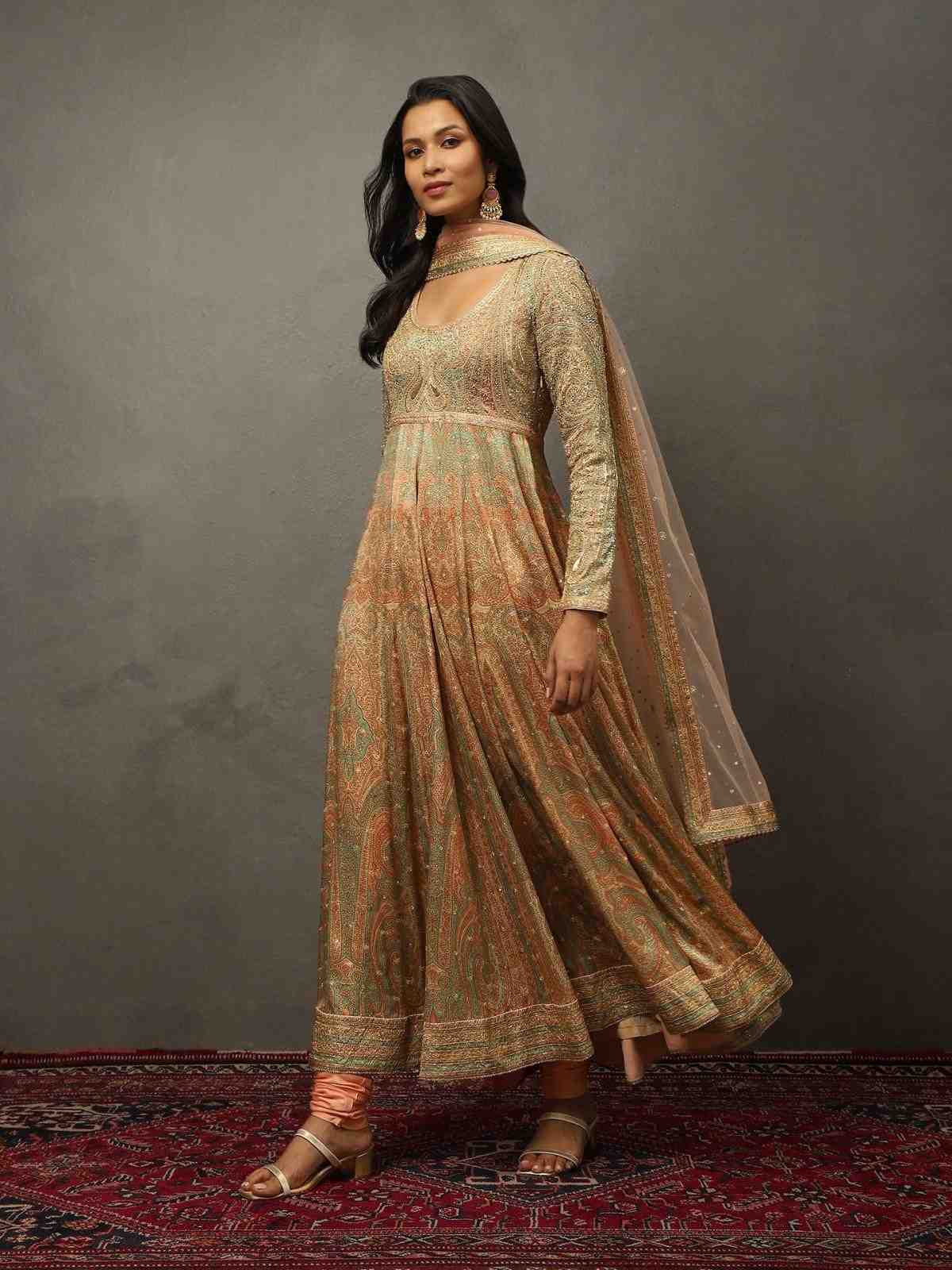 Beige & Khaki Imrancoat Anarkali Set
