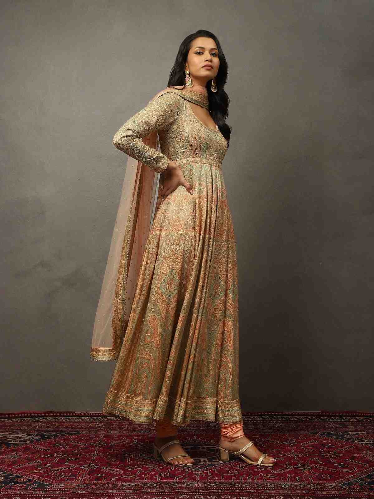 Beige & Khaki Imrancoat Anarkali Set