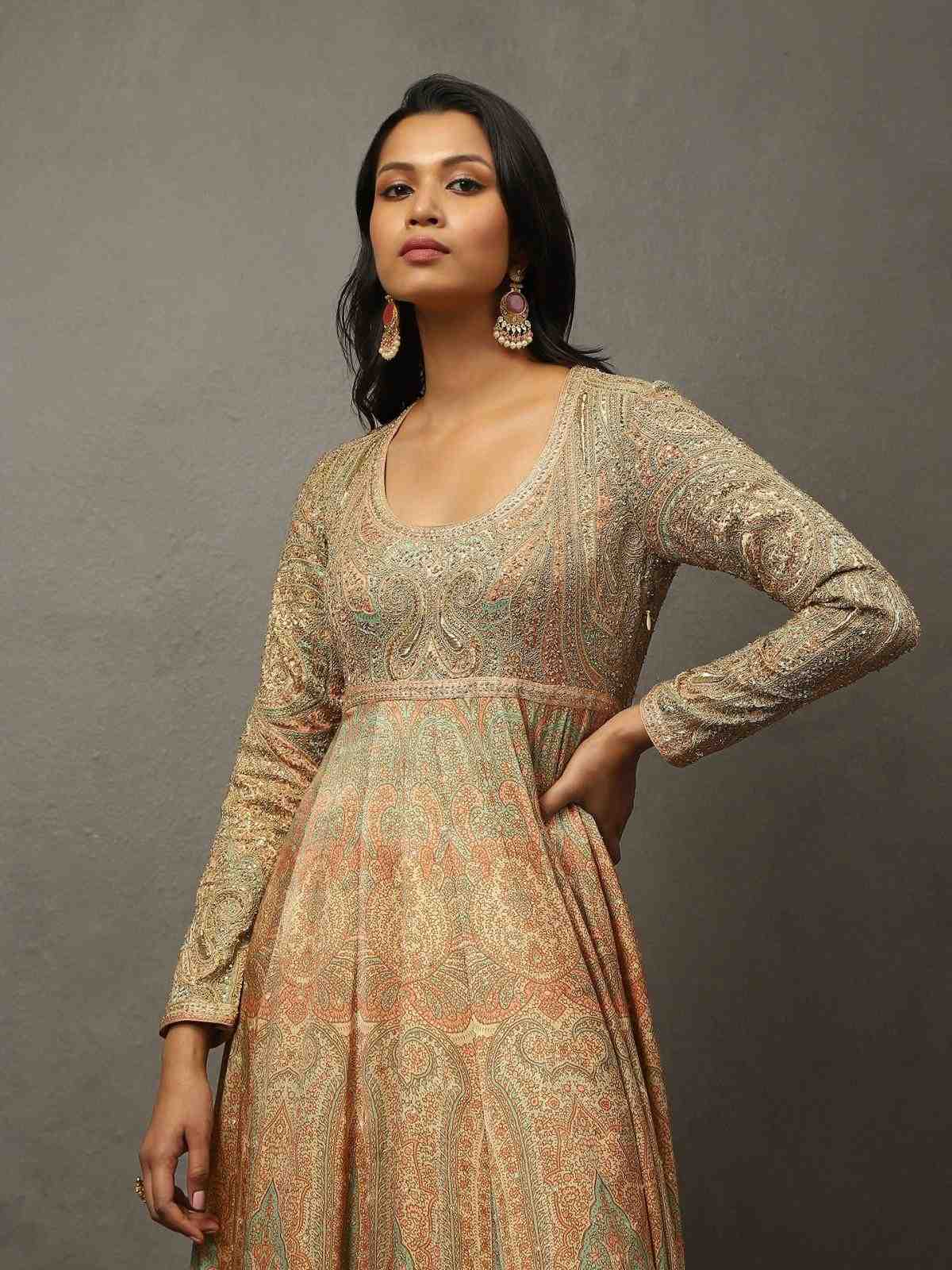 Beige & Khaki Imrancoat Anarkali Set