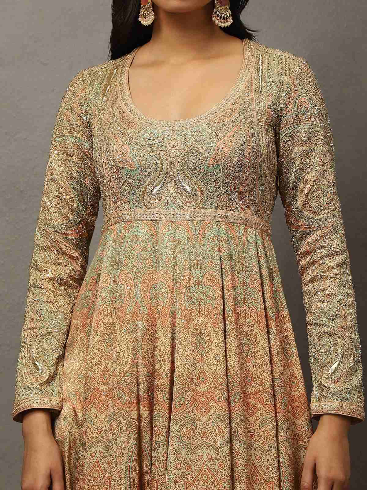Beige & Khaki Imrancoat Anarkali Set