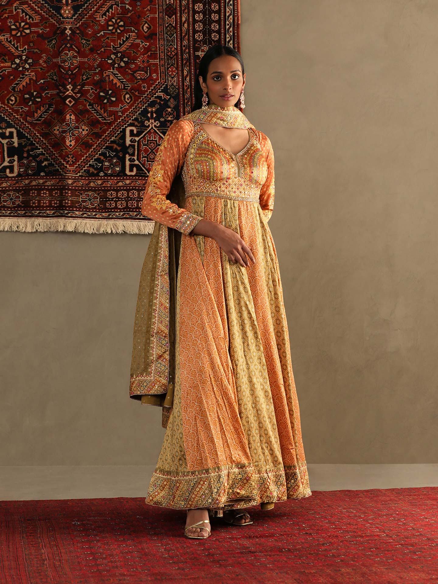Apricot Tan & Moss Green Bindiya Anarkali Suit