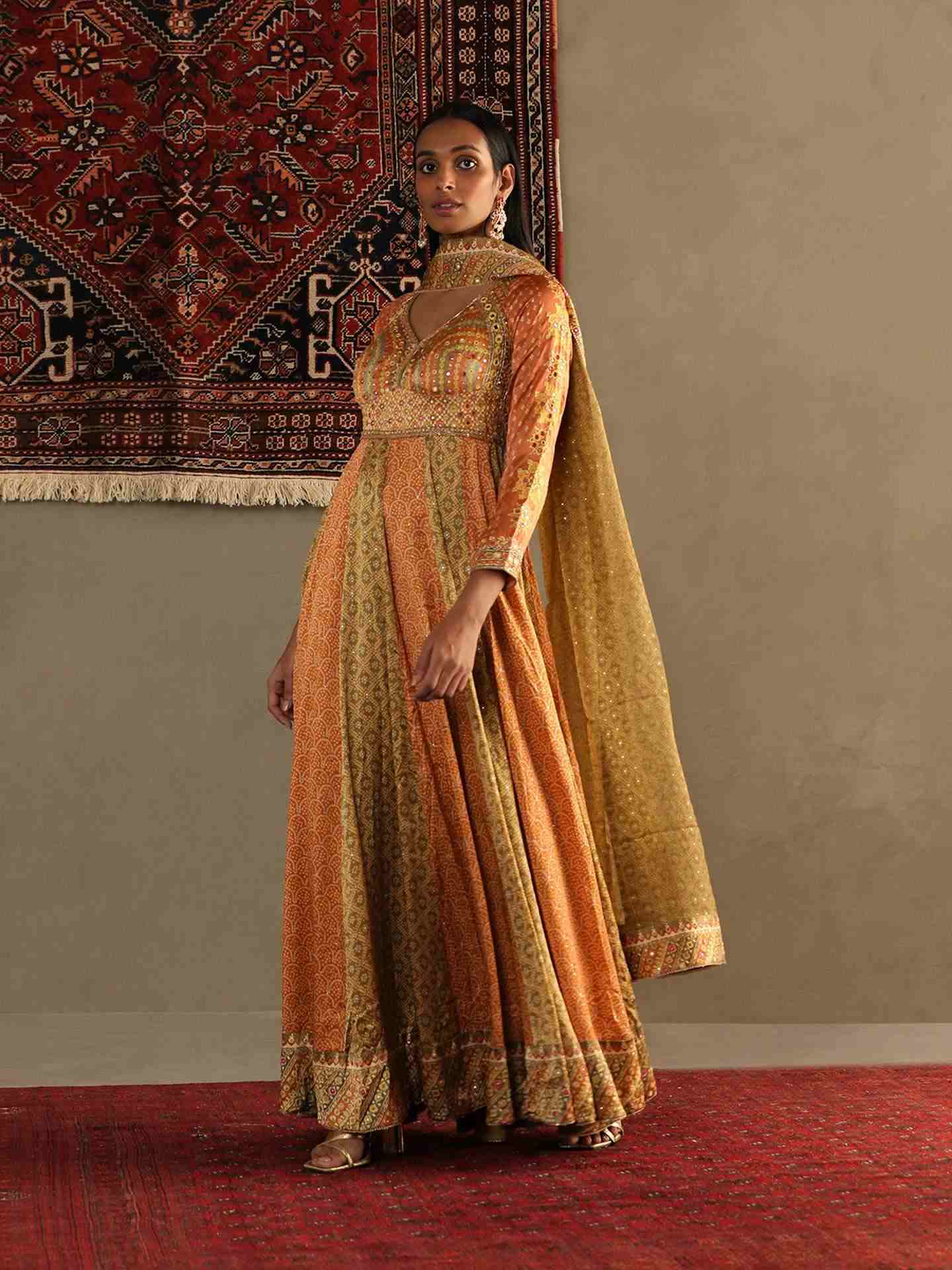 Apricot Tan & Moss Green Bindiya Anarkali Suit
