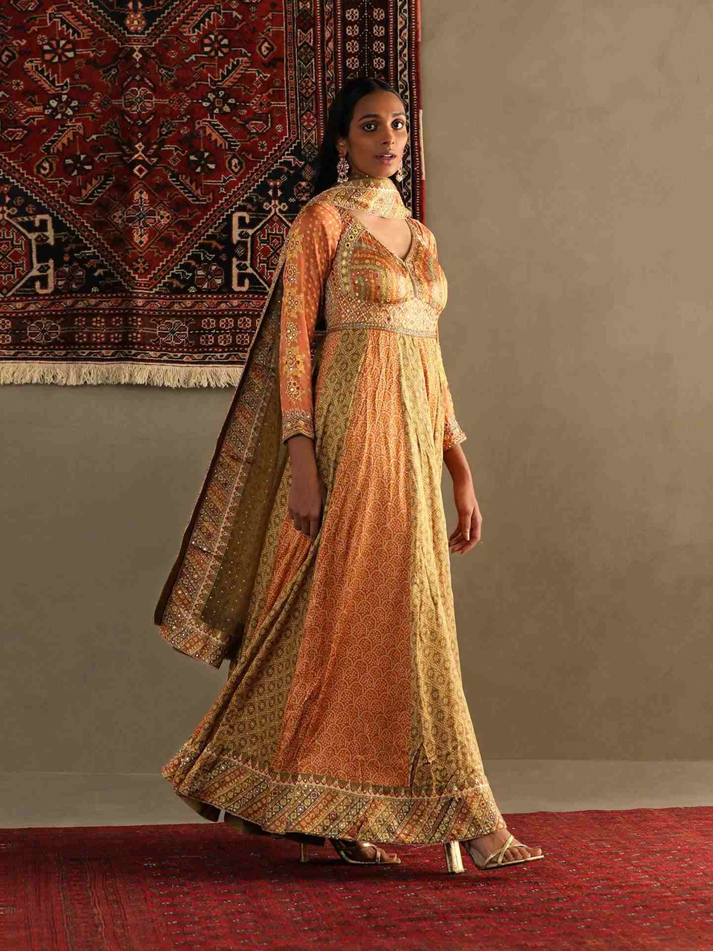 Apricot Tan & Moss Green Bindiya Anarkali Suit
