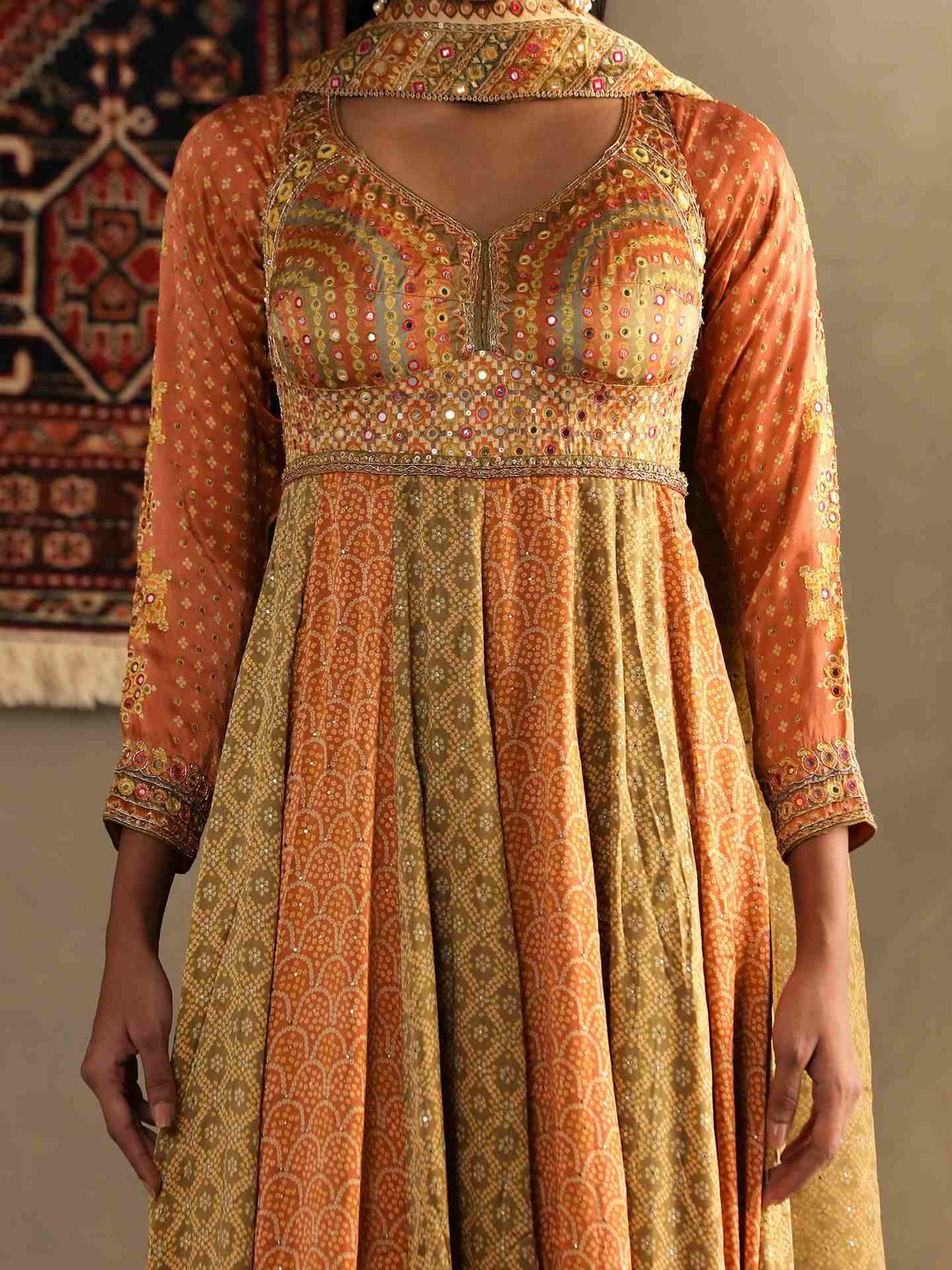 Apricot Tan & Moss Green Bindiya Anarkali Suit