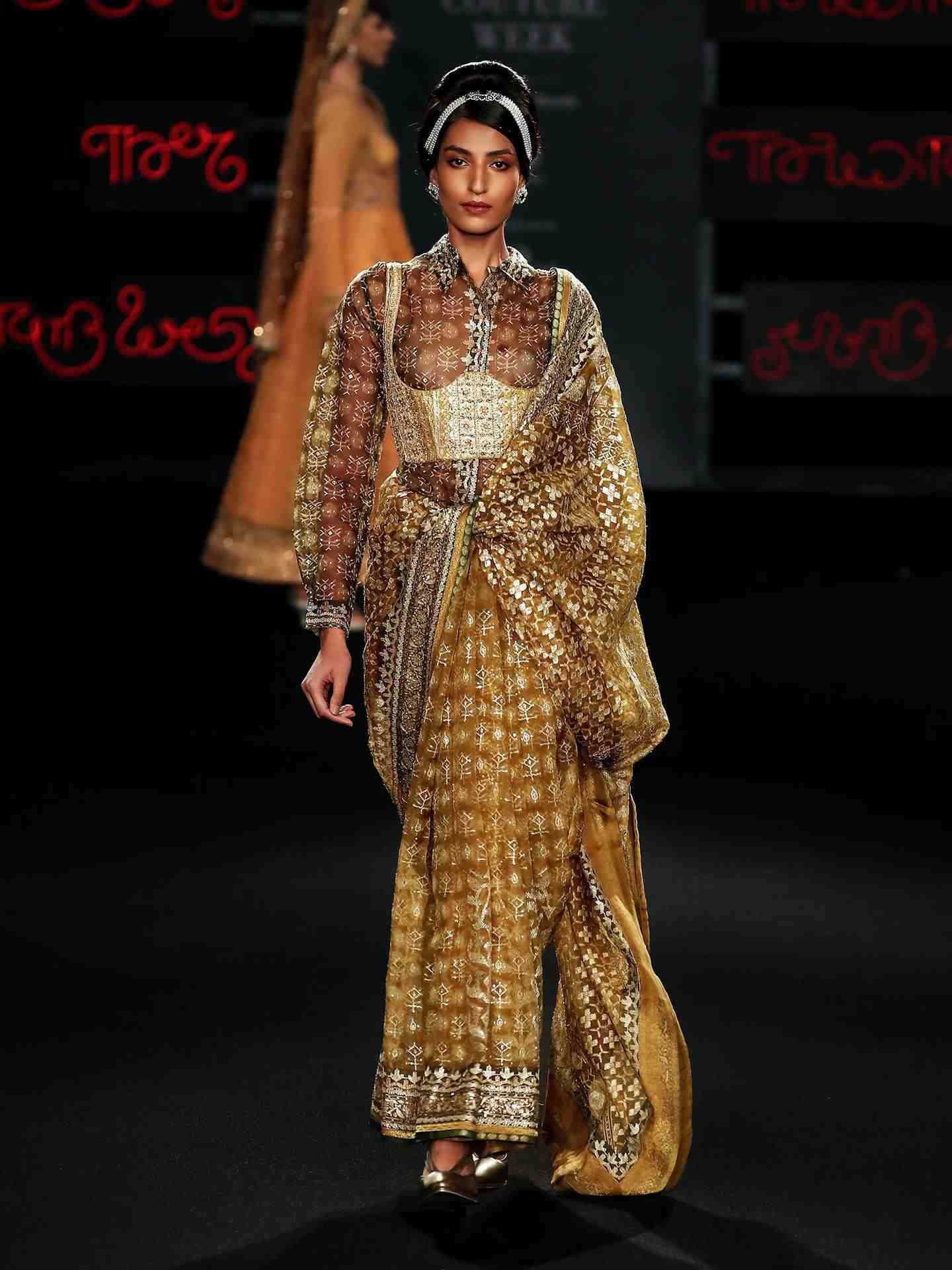 Mustard Olive Jamdani Drape Saree With Belt
