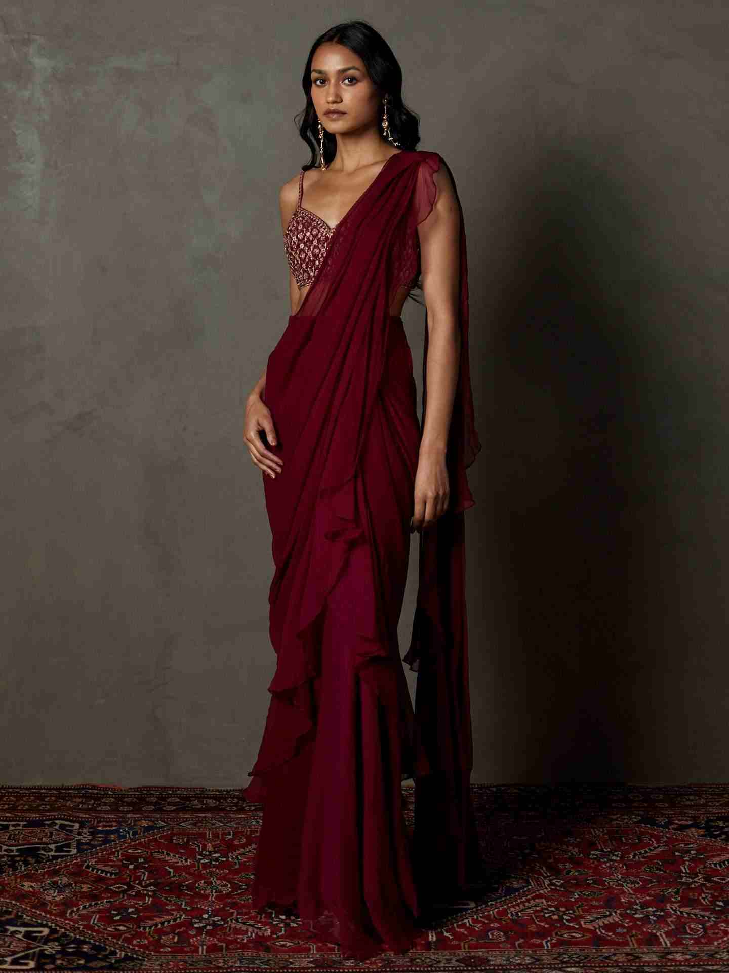 Wine Iraa Pre-Draped Saree