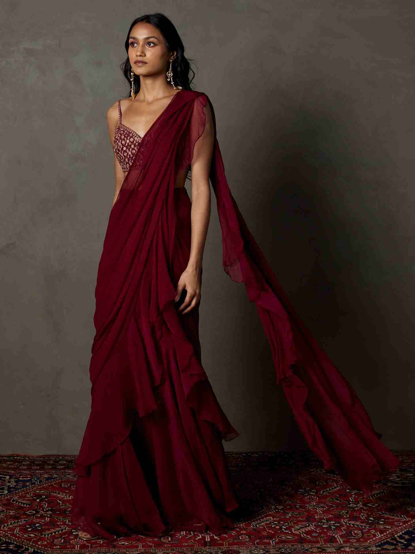 Wine Iraa Pre-Draped Saree