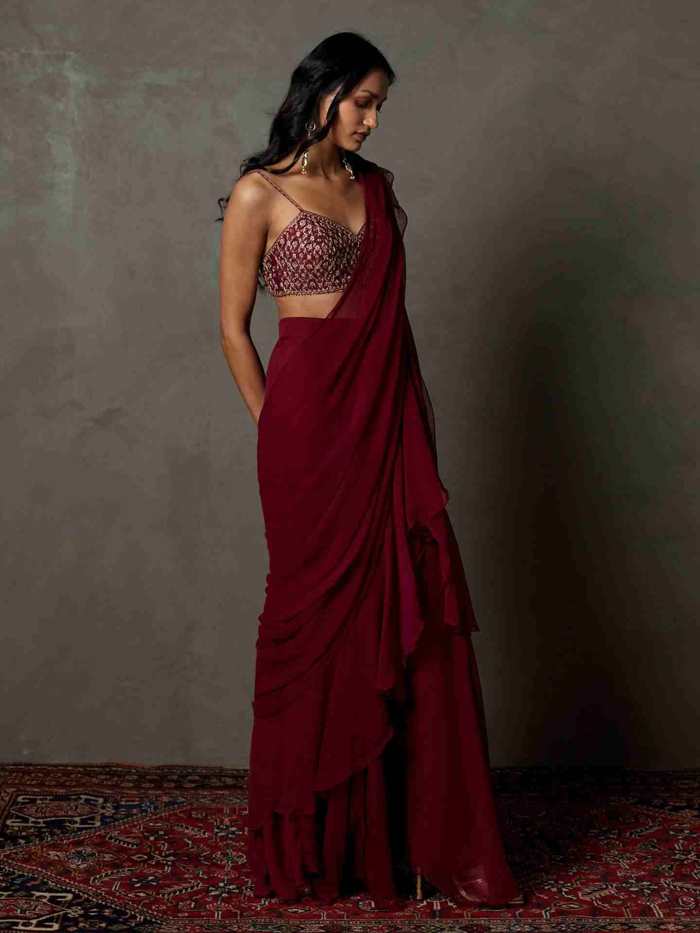 Wine Iraa Pre-Draped Saree