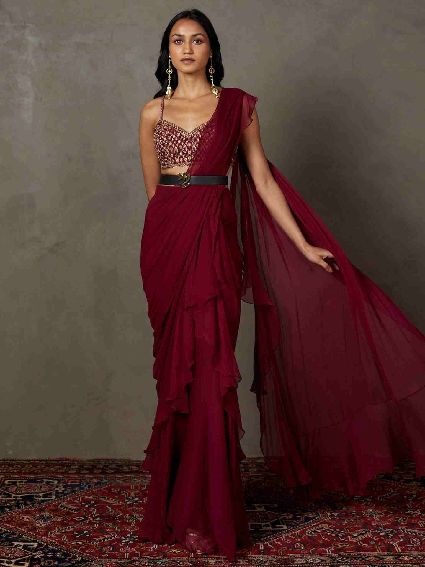 Wine Iraa Pre-Draped Saree