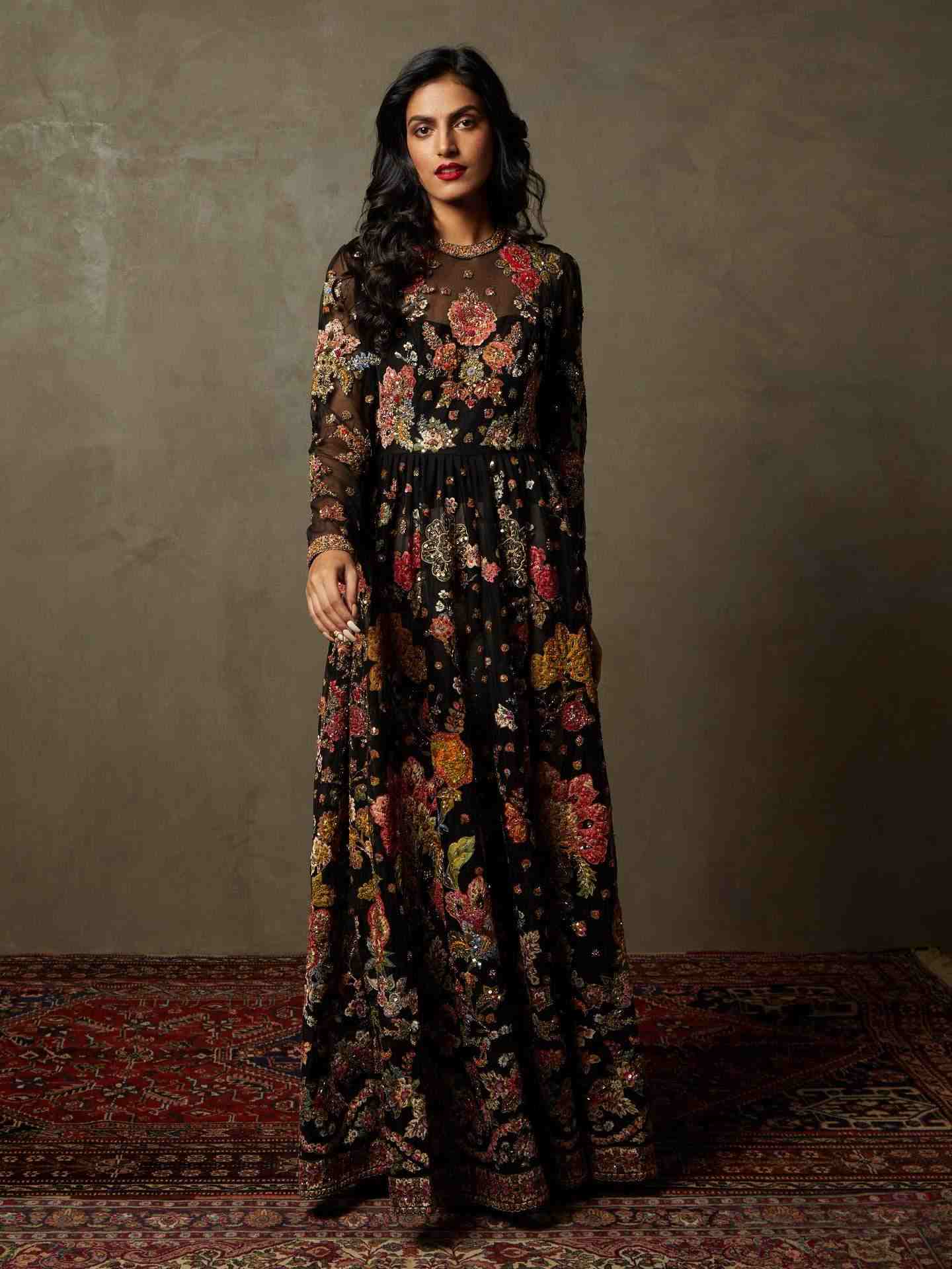 Black & Multi Wild Flower Gown