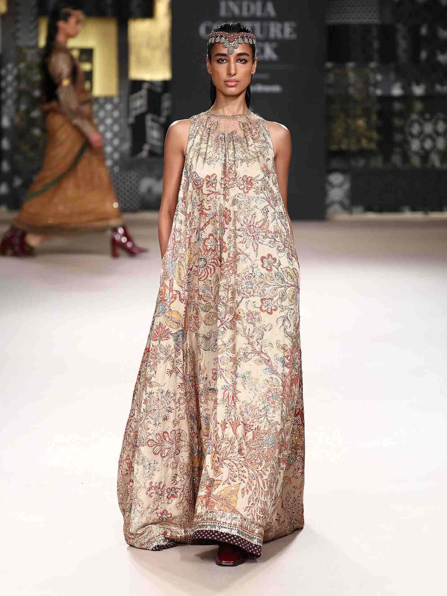 Beige & Burgundy 	Parikrama Gown