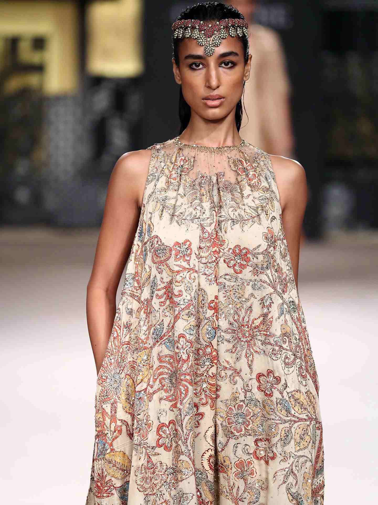 Beige & Burgundy 	Parikrama Gown