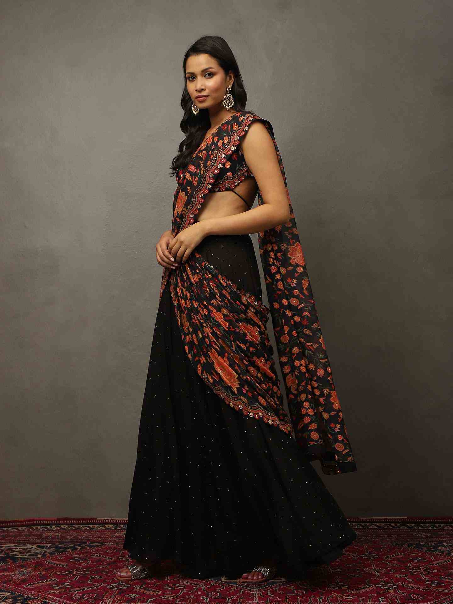 Black Jeena Drape Saree with Stitched Blouse