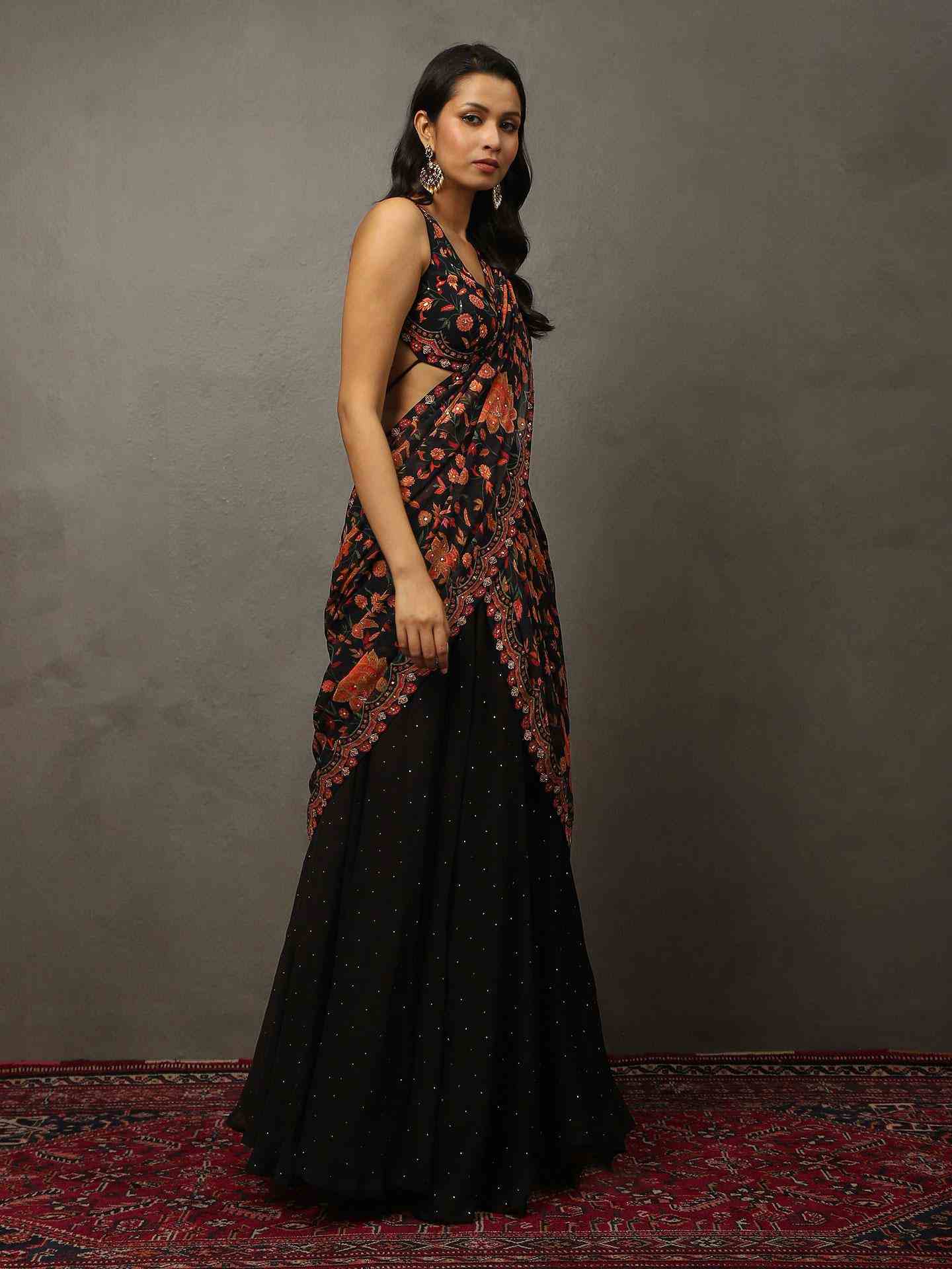 Black Jeena Drape Saree with Stitched Blouse