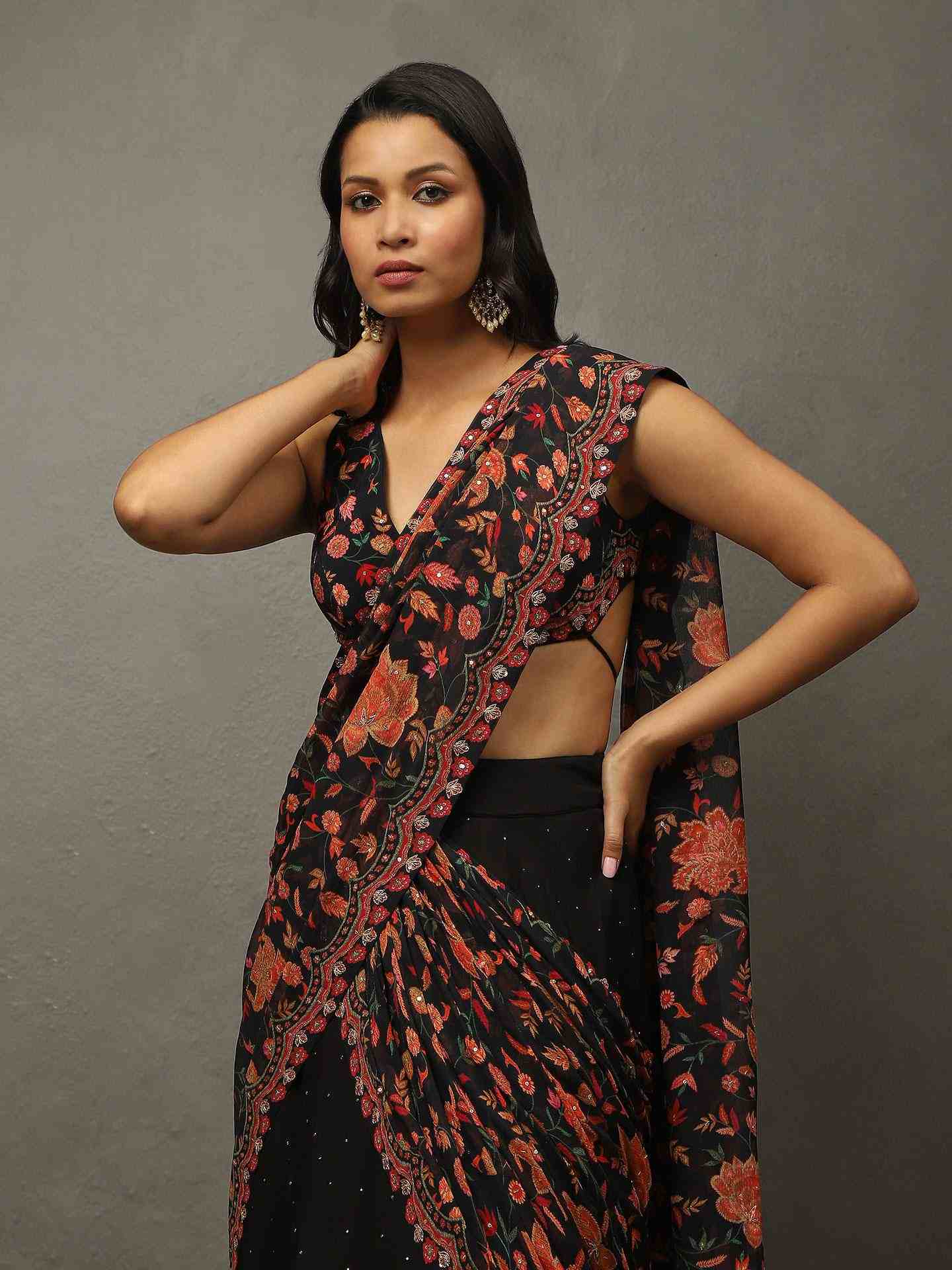 Black Jeena Drape Saree with Stitched Blouse