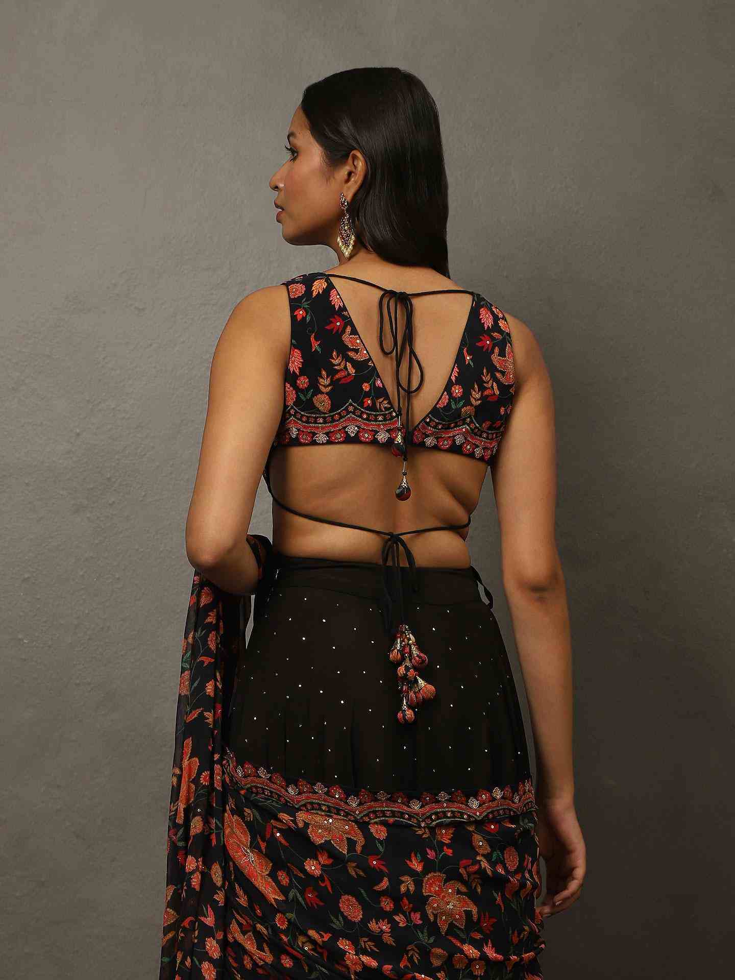 Black Jeena Drape Saree with Stitched Blouse