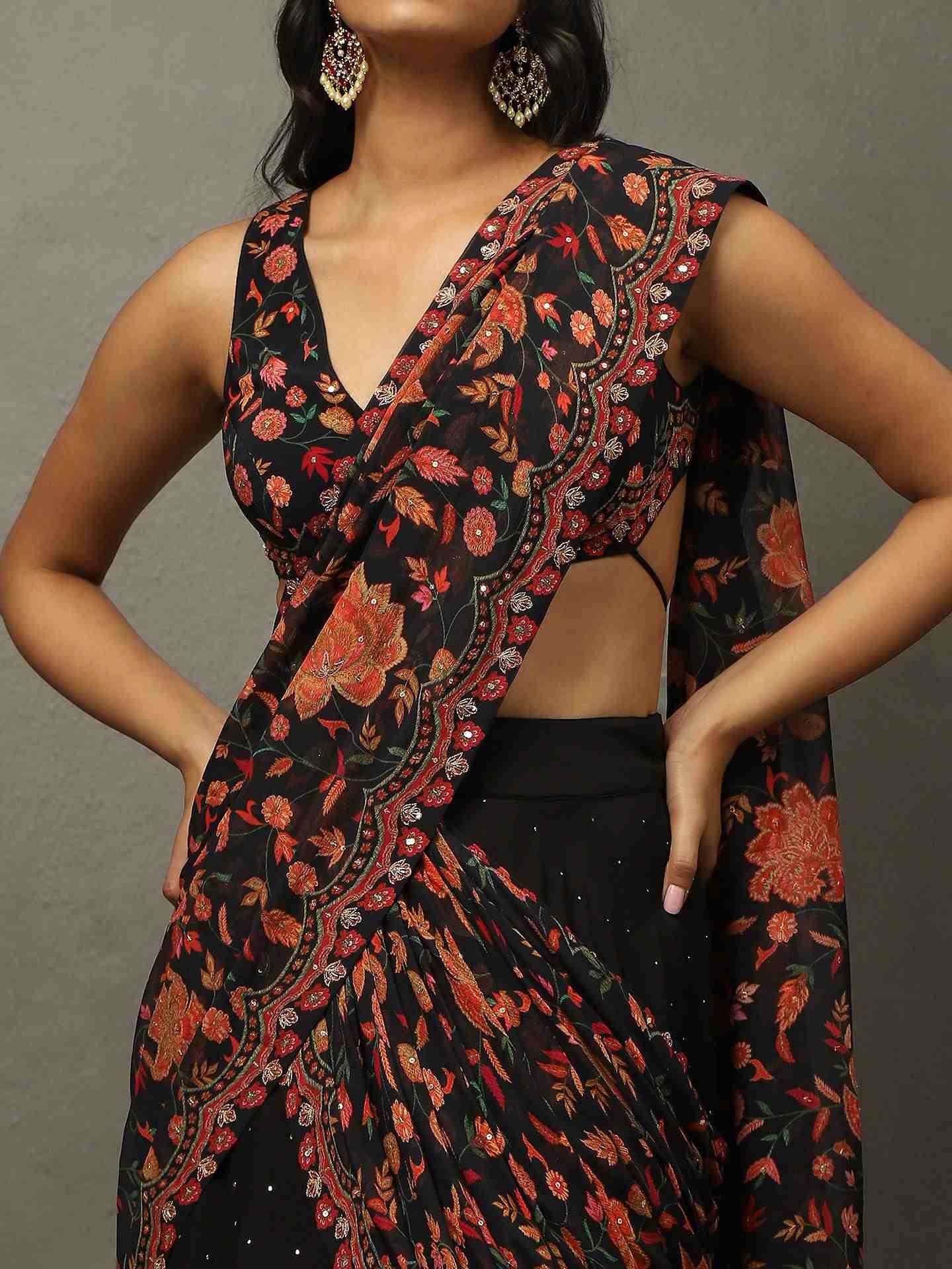 Black Jeena Drape Saree with Stitched Blouse