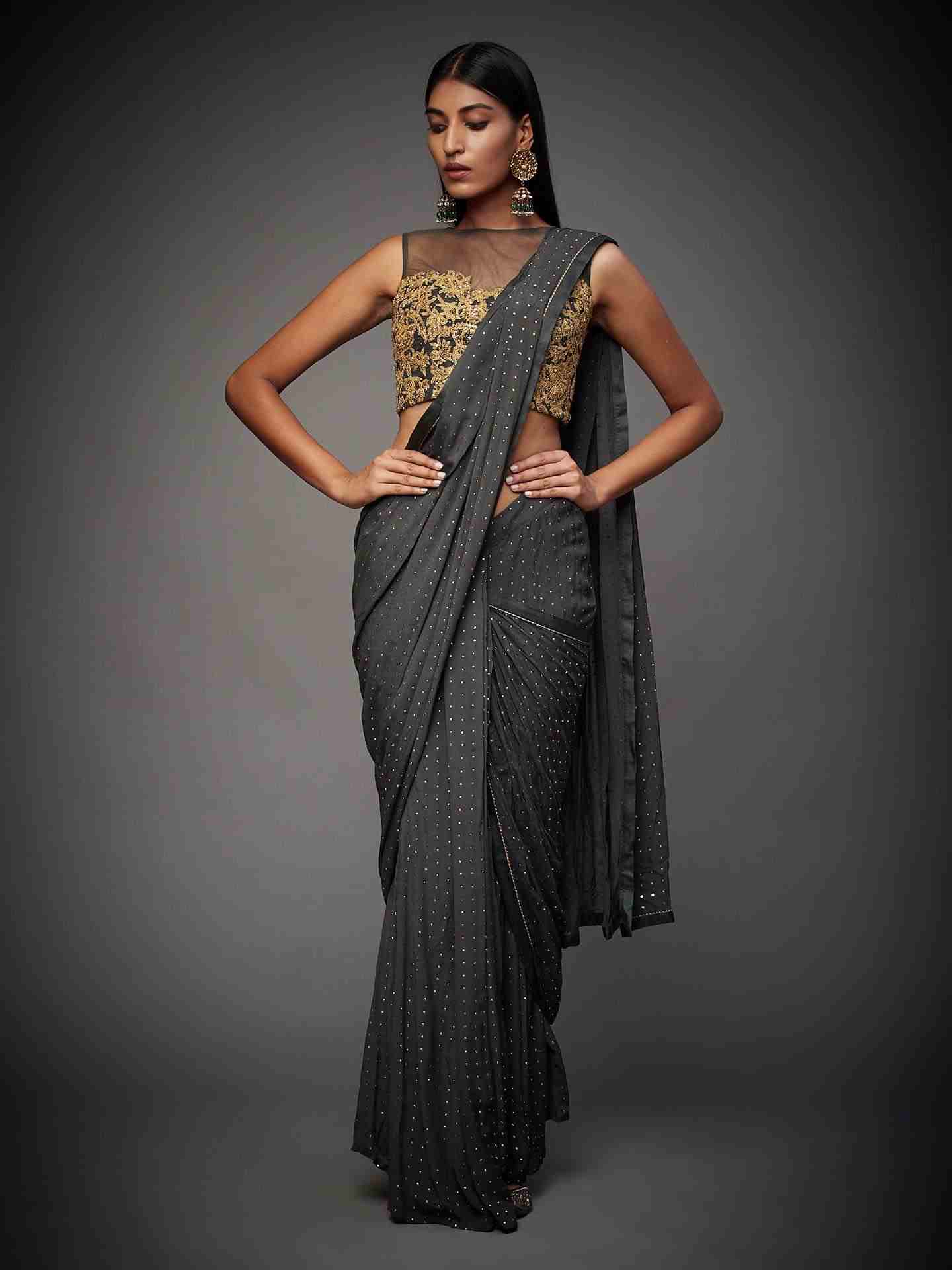 Charcoal Grey Shirley Pre-Draped Saree