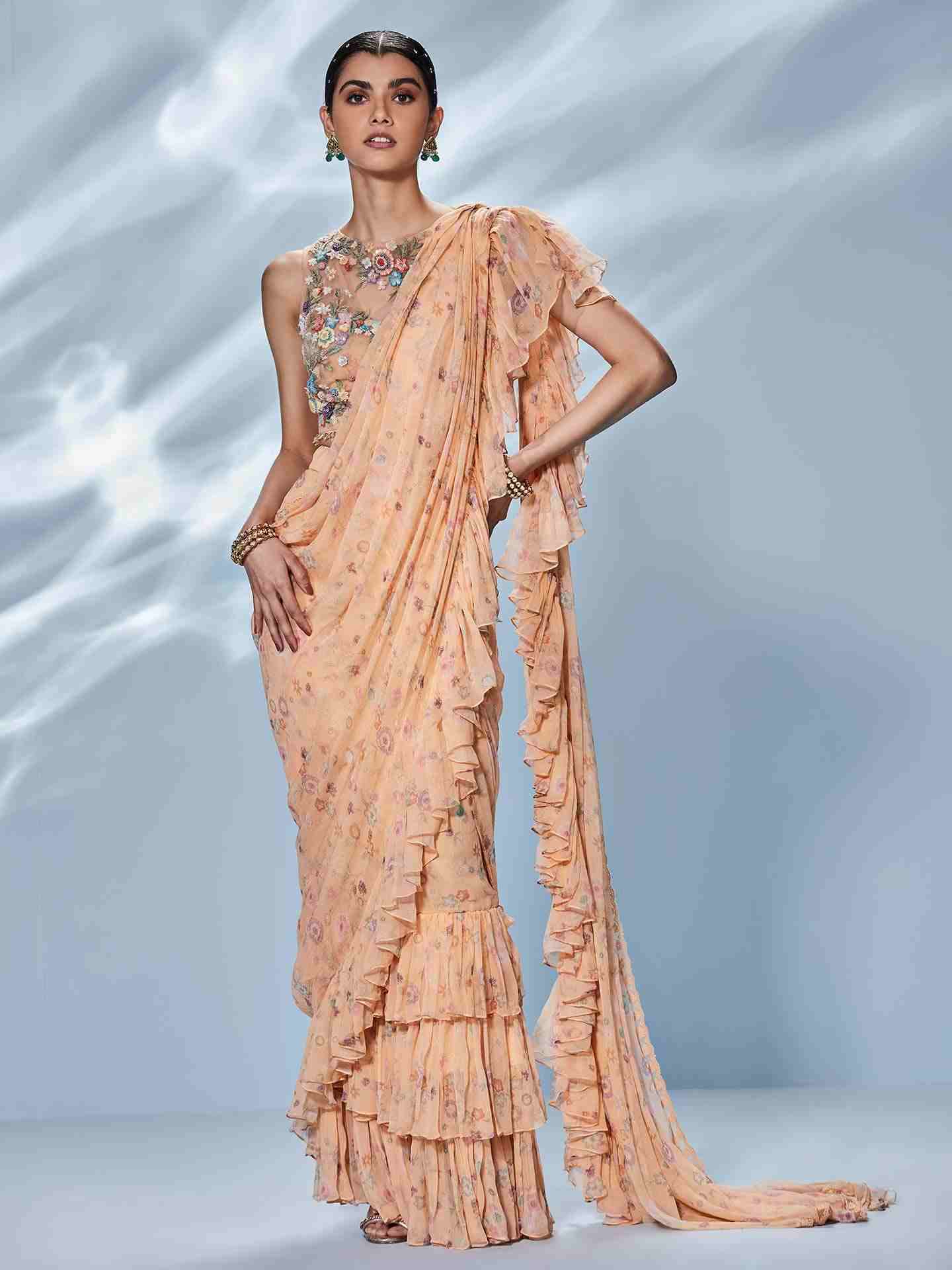 Peach & Multi Florance Pre-Draped Saree