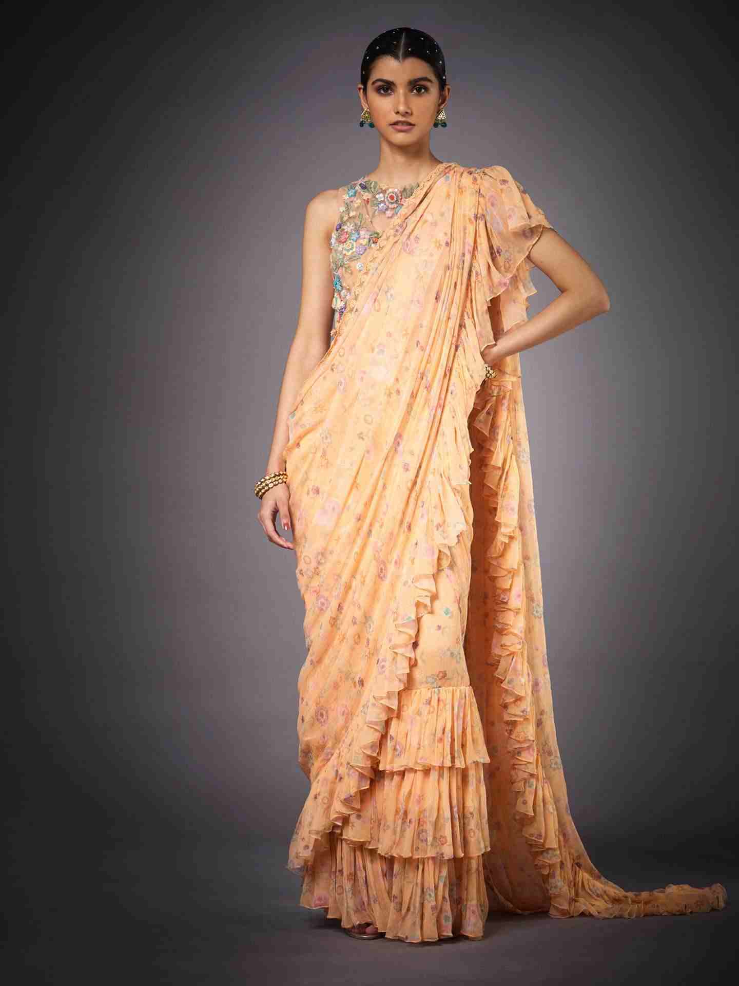 Peach & Multi Florance Pre-Draped Saree