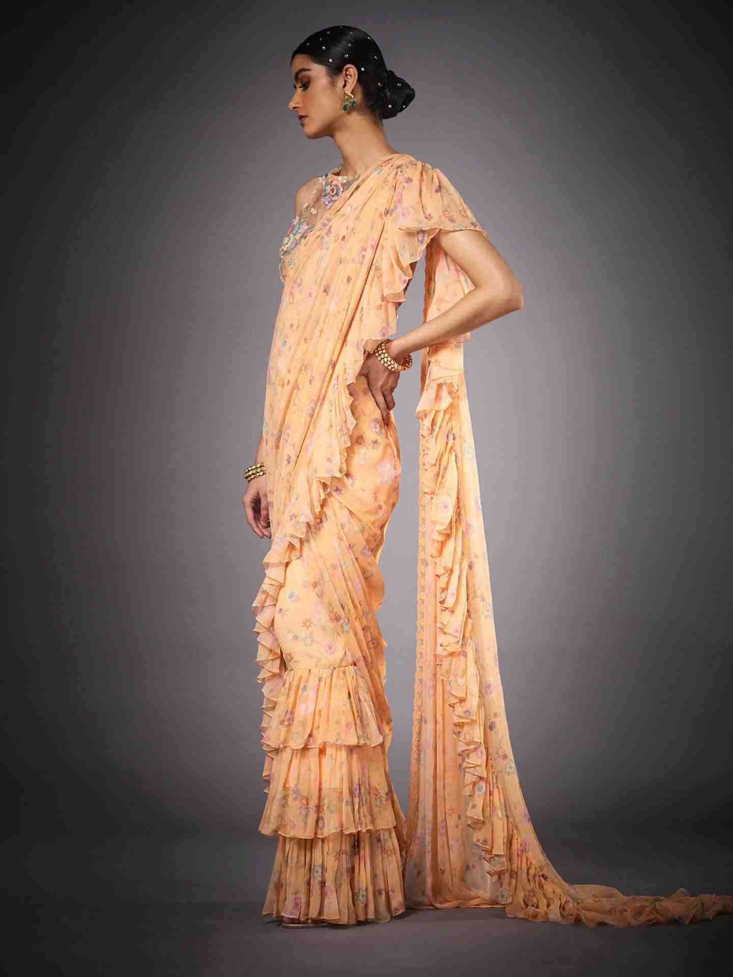 Peach & Multi Florance Pre-Draped Saree