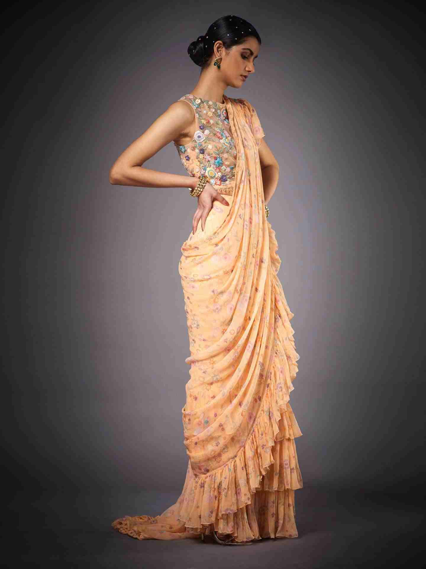 Peach & Multi Florance Pre-Draped Saree