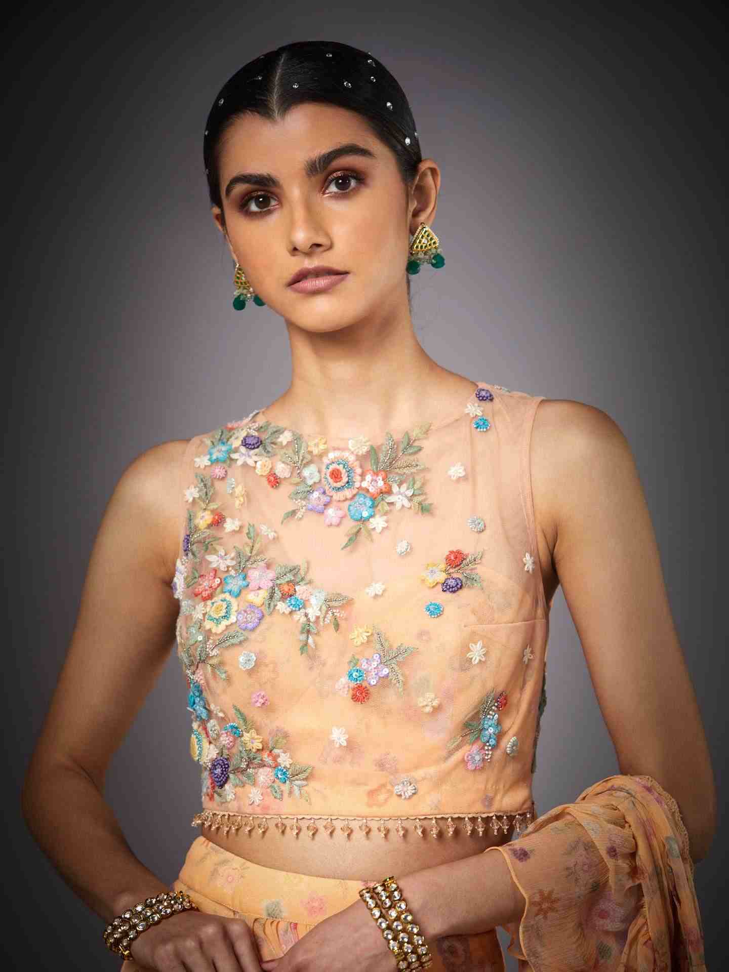 Peach & Multi Florance Pre-Draped Saree