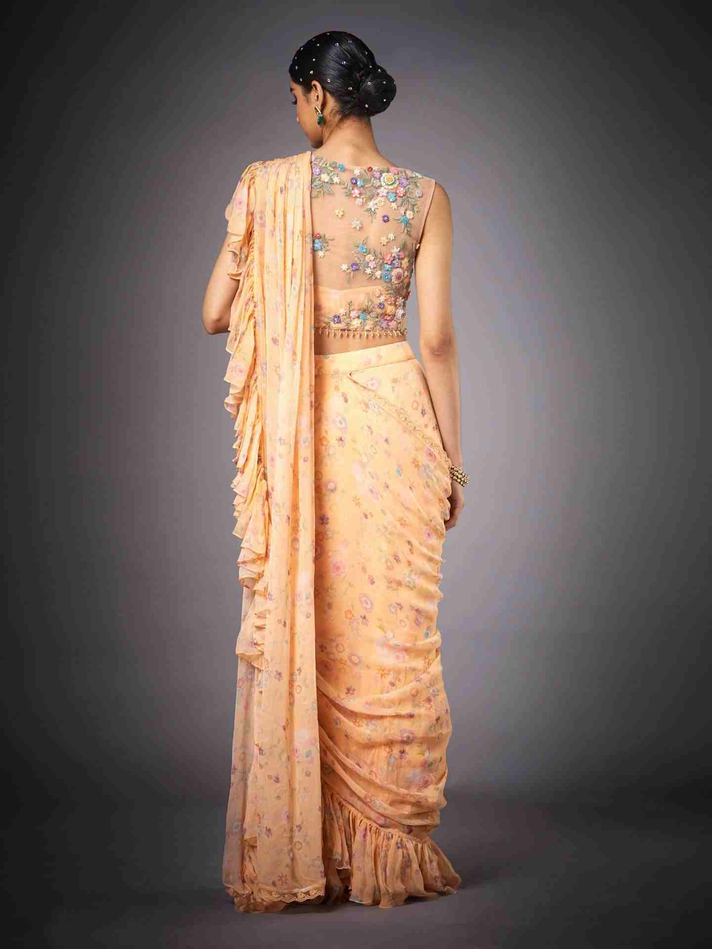 Peach & Multi Florance Pre-Draped Saree