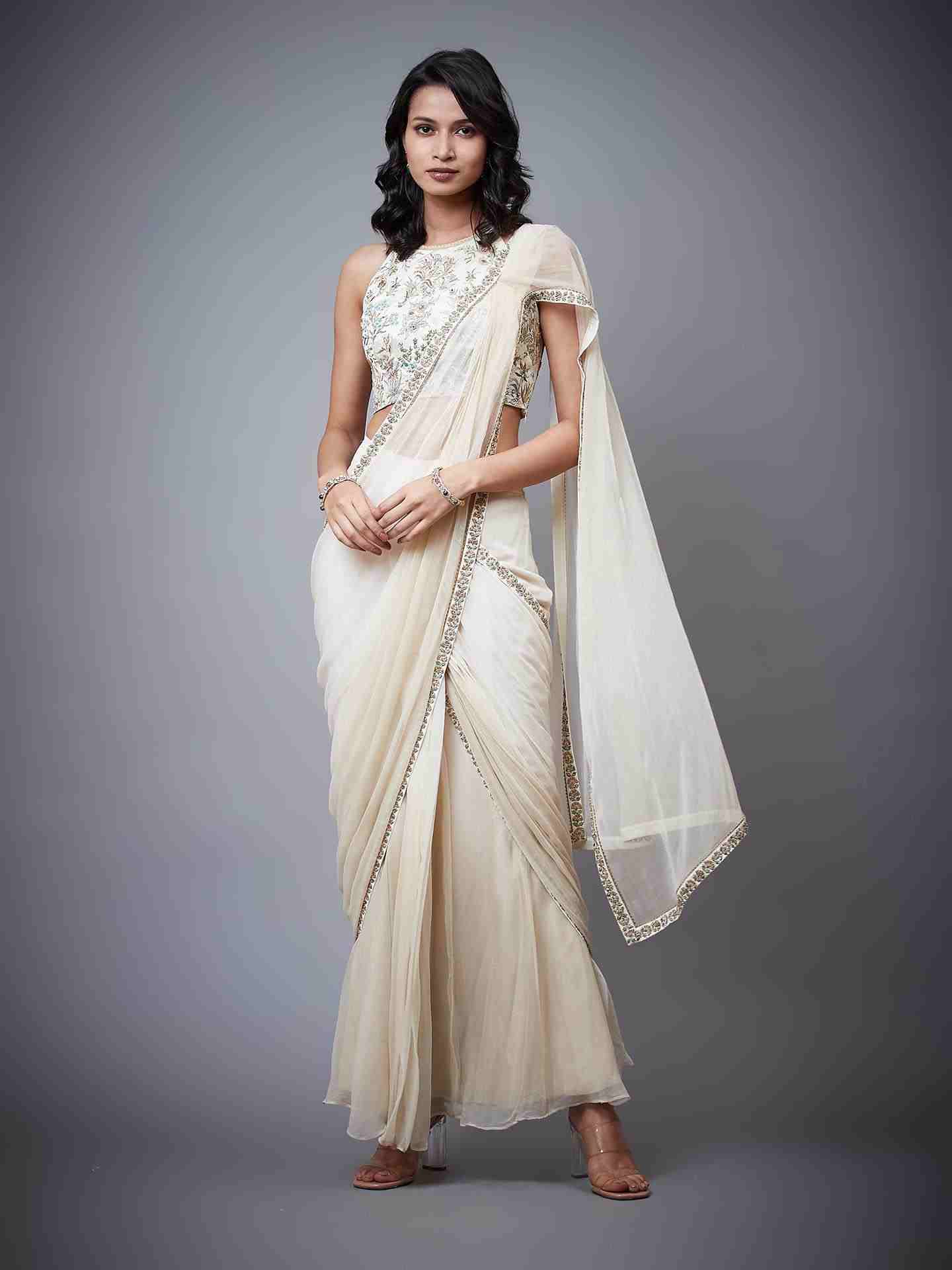 Ecru & Multi Nazli Pre-Draped Saree