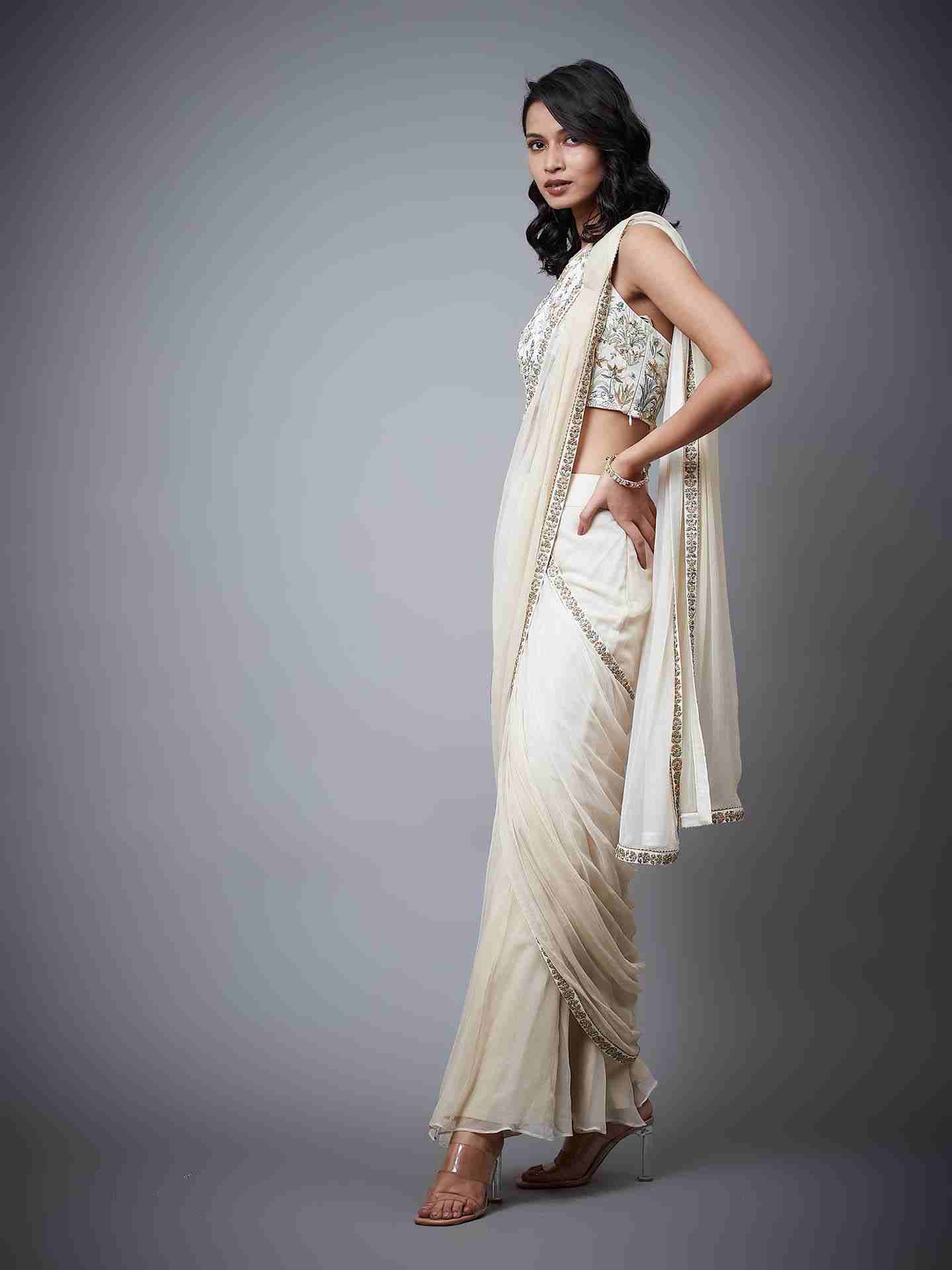 Ecru & Multi Nazli Pre-Draped Saree