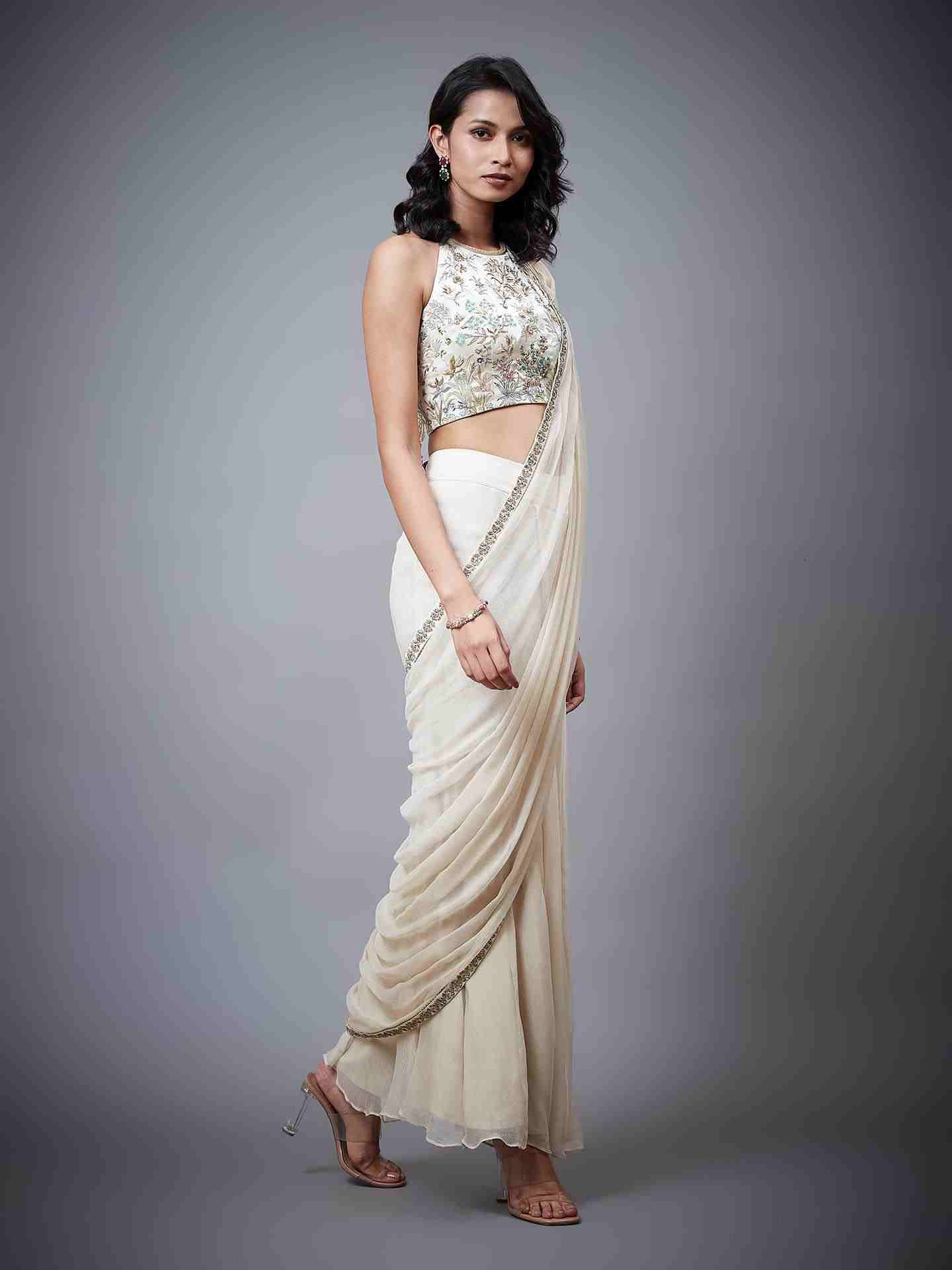 Ecru & Multi Nazli Pre-Draped Saree