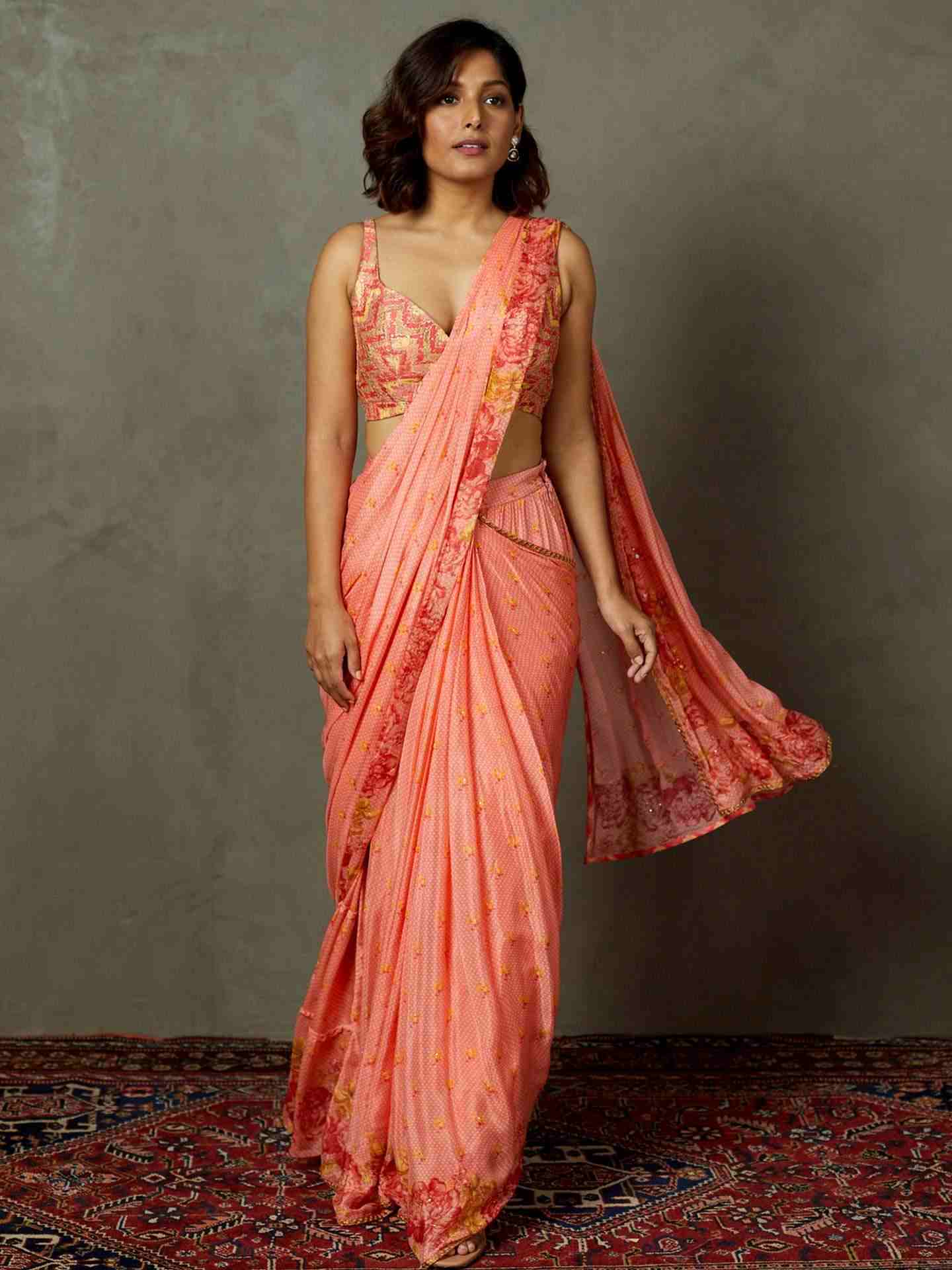 Coral Blue Rose Pre-Draped Saree
