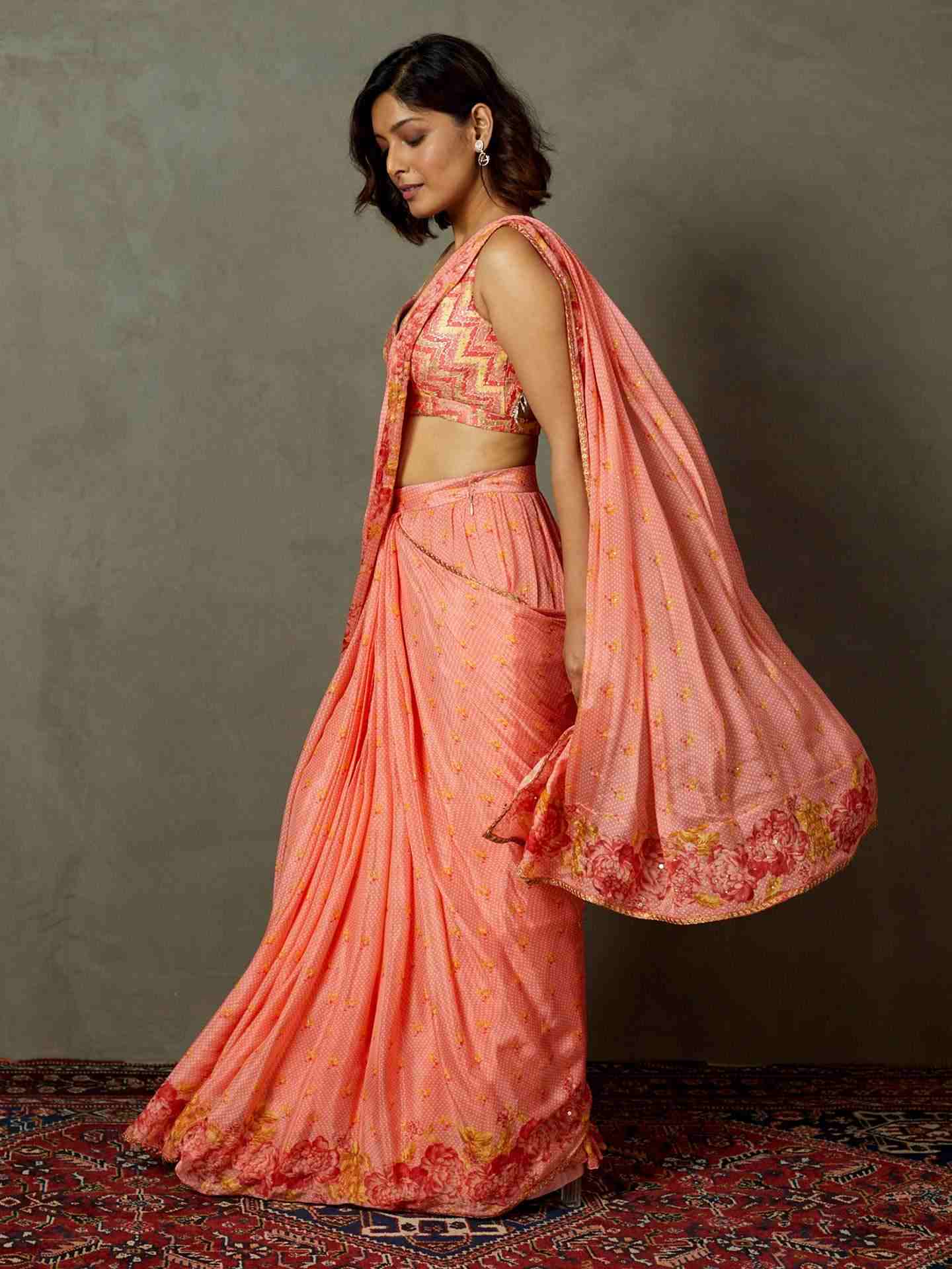 Coral Blue Rose Pre-Draped Saree
