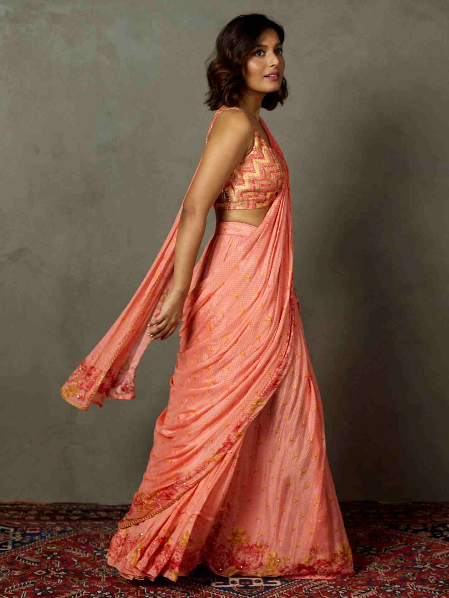Coral Blue Rose Pre-Draped Saree
